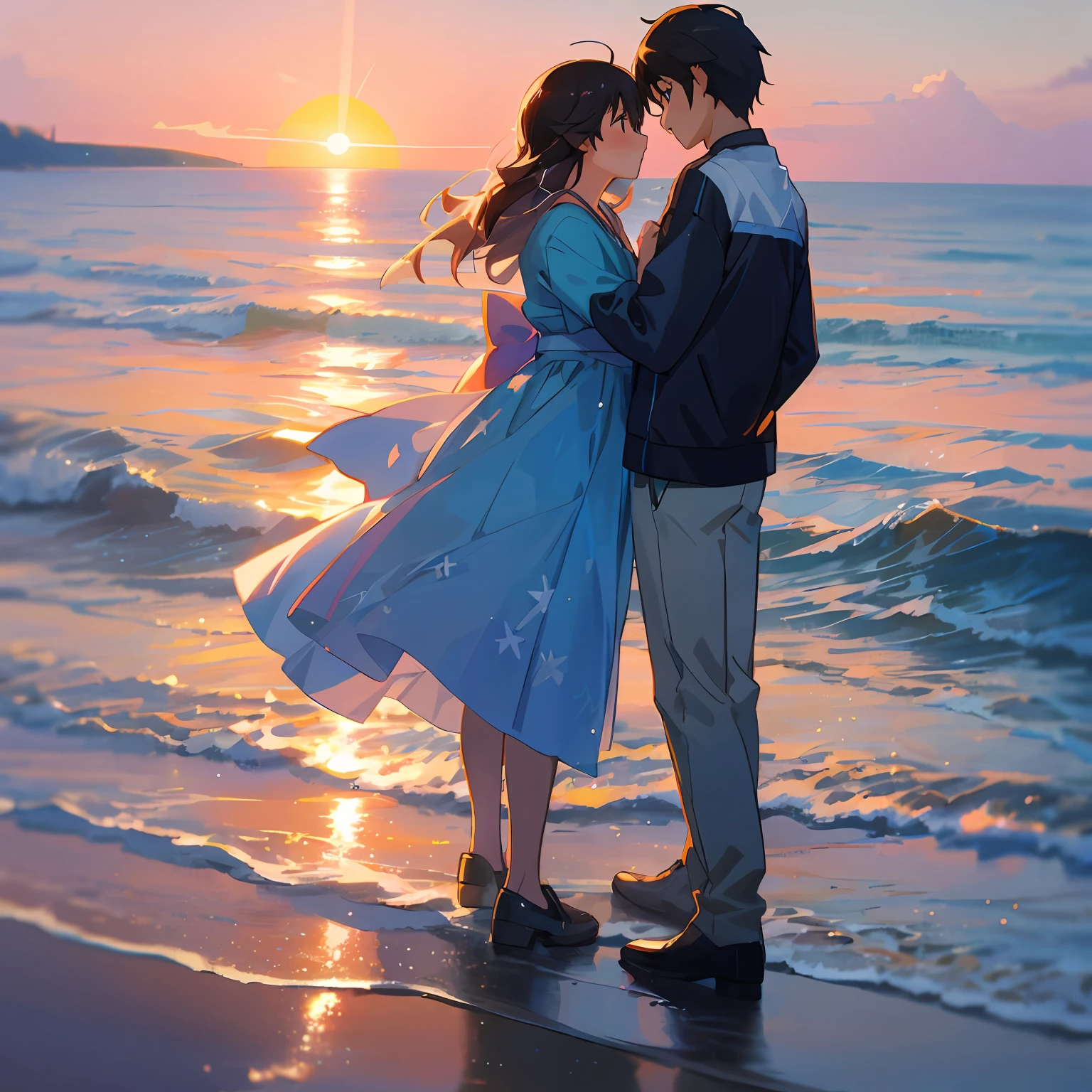 They hugged each other on the beach at sunset,Quietly enjoy the sunset,Makoto Shinkai and Sakimican felt this moment together,Guwiz watched tolerantly by the side,The panoramic shooting shows the vastness and tranquility of the beach,It's heartwarming。(Use the person's name to remember external circumvention,If you can use "a couple of lovers"、"Characters in computer games" and so on)