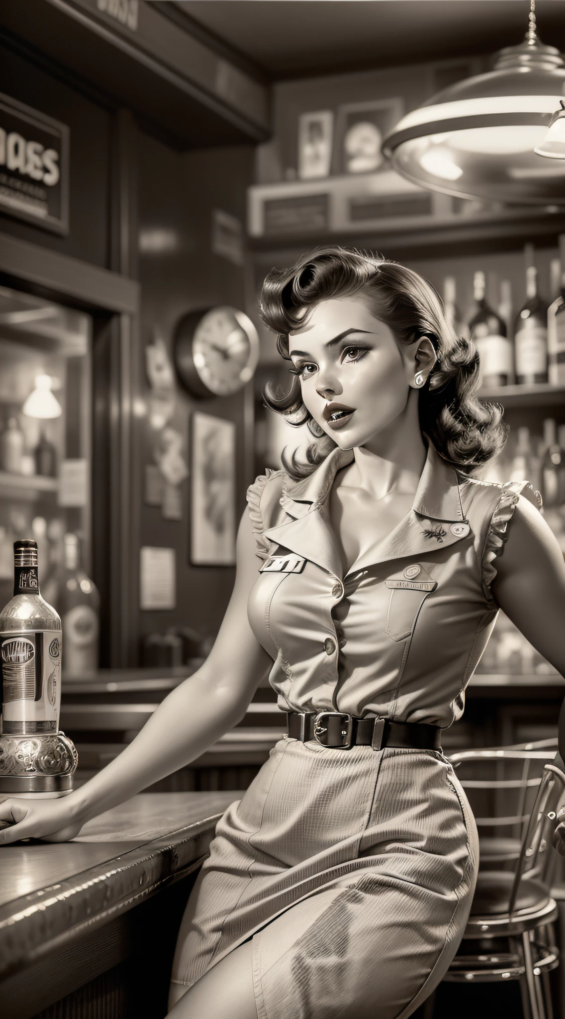 Uma imagem de uma impressionante garota pin-up dos tempos de guerra, dressed in a retro-inspired outfit, posing gracefully in a nostalgic 1940s bar. Black and white image adds a vintage touch to the scene, capturing the essence of the era's iconic pin-up art and vintage aesthetic.