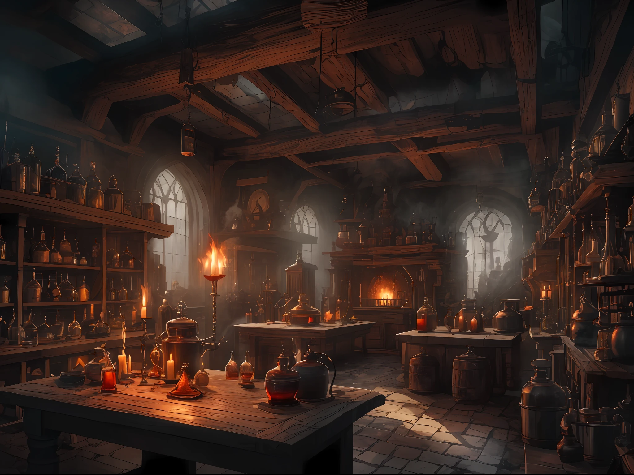 "(ultra-detailed CG unity 8k wallpaper,masterpiece, best quality, depth of field, HDR, intricate), from Greg Rutkowski, dark and brooding atmosphere, alchemist brewing potions at their large wooden table in a gloomy and candlelit underground laboratory, surrounded by arcane equipment and bubbling cauldrons. The alchemist has a mysterious and intense expression, standing amidst the swirling vapor and smoke as they use their magic to transmute elements. The scene is dominated by dark hues of black and deep red, with a stark contrast between light and shadow. The overall effect is one of ominous power and spellbinding mystery."