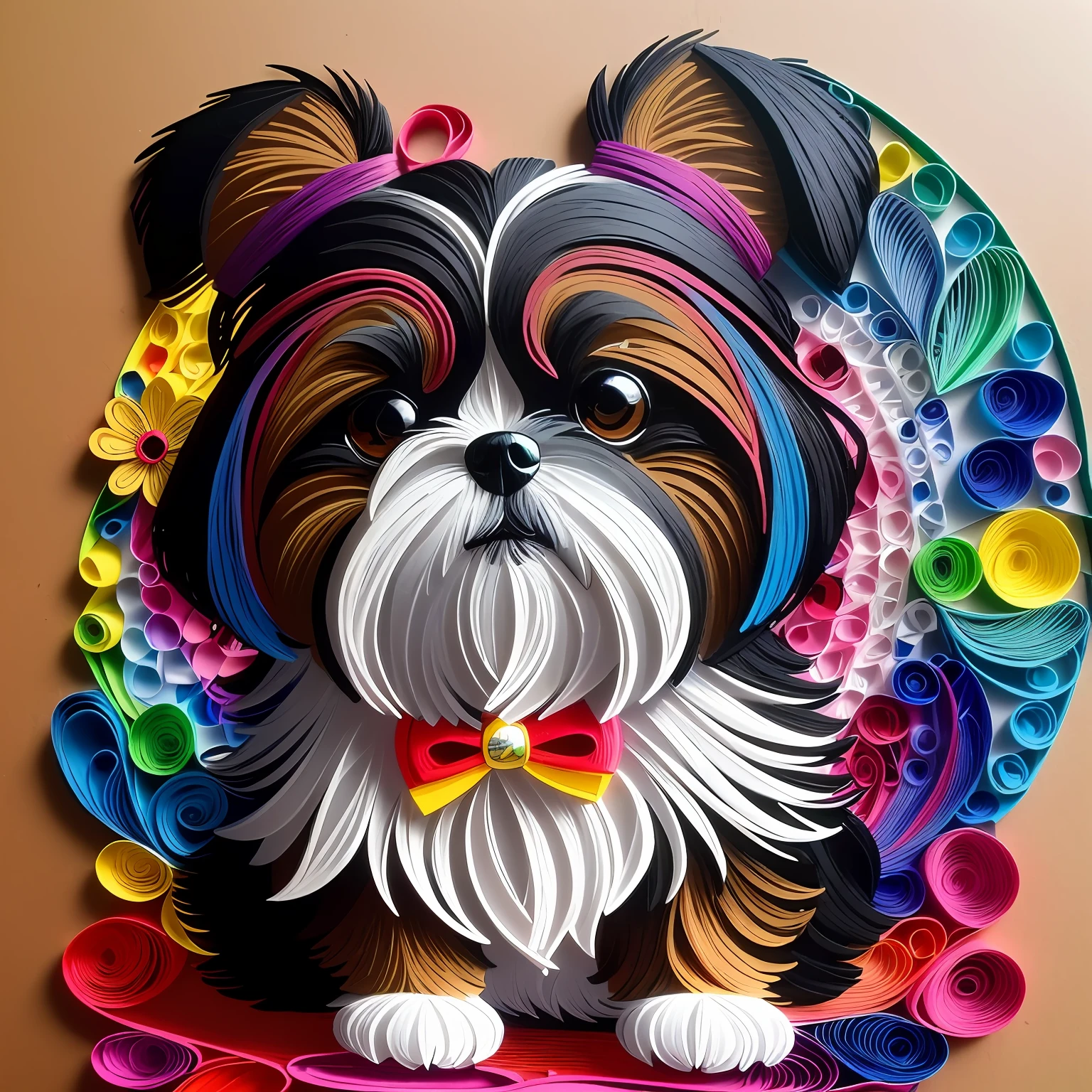 a close up of a dog with a bow tie on a skateboard, cute detailed artwork, paper quilling, colourful!! highly detailed, highly detailed portrait, highly detailed and colored, made of paper, highly intricate and colorful, shih tzu, full of colors and rich detail, ultra detailed color art, cute colorful adorable, painting of cute dog, digital art. highly detailed