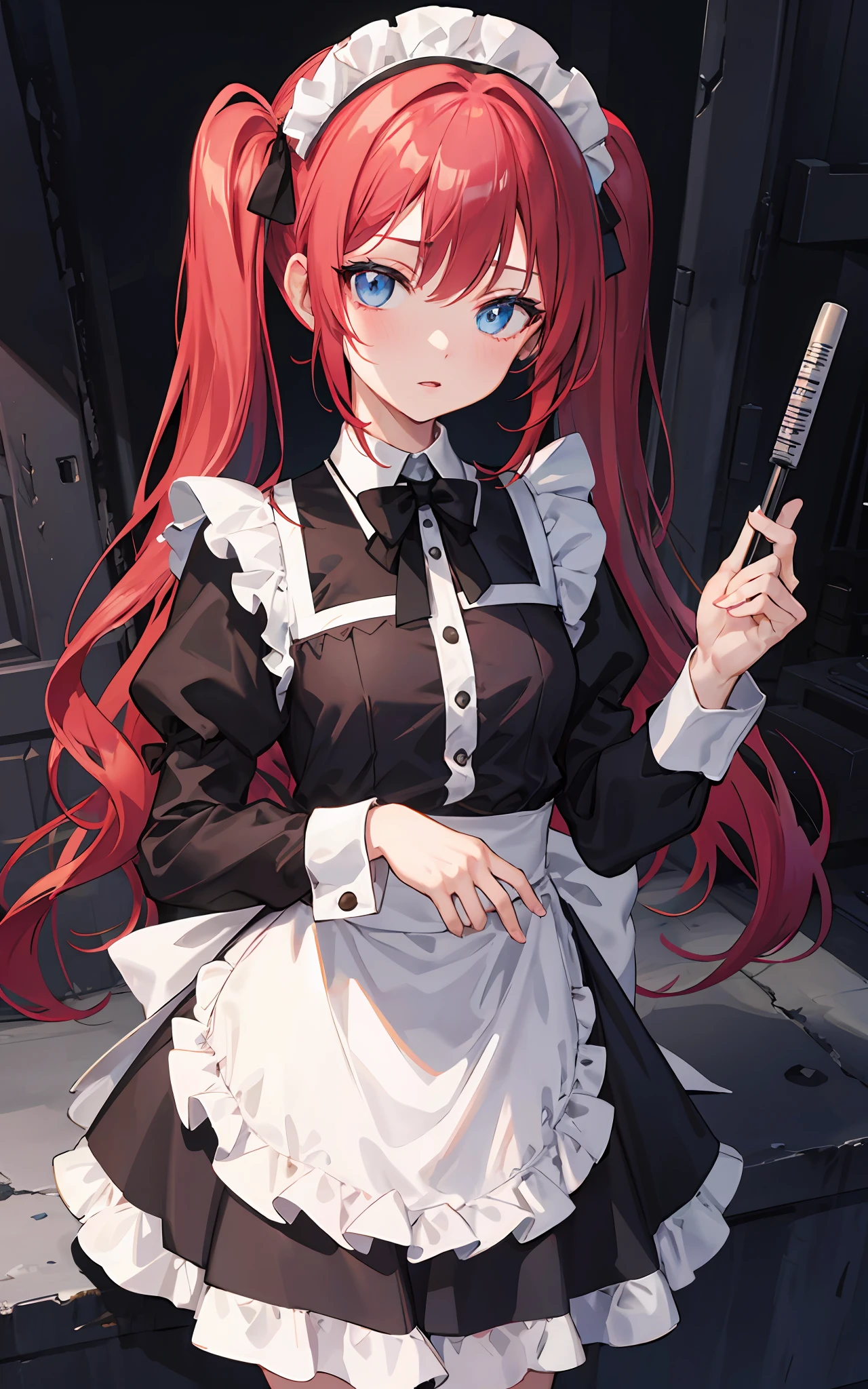 red hair,blue eyes,twintails,maid, long hair, long sleeves, gothic, solo, loli,{{best quality}}, {{masterpiece}}, {{ultra-detailed}}, {illustration}, {detailed light}, {an extremely delicate and beautiful}, a girl, {beautiful detailed eyes},ruins