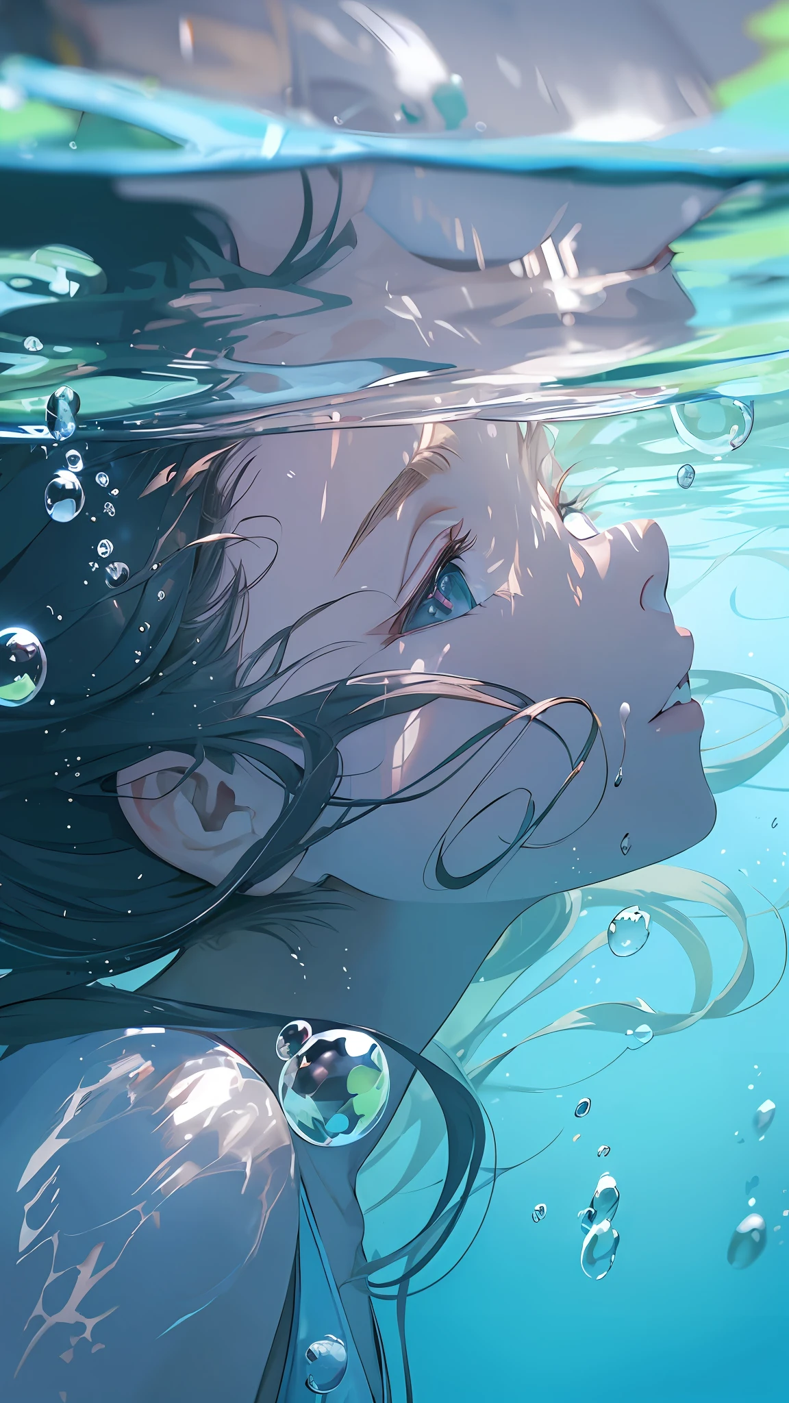 Anime girl in the water with her eyes closed - SeaArt AI