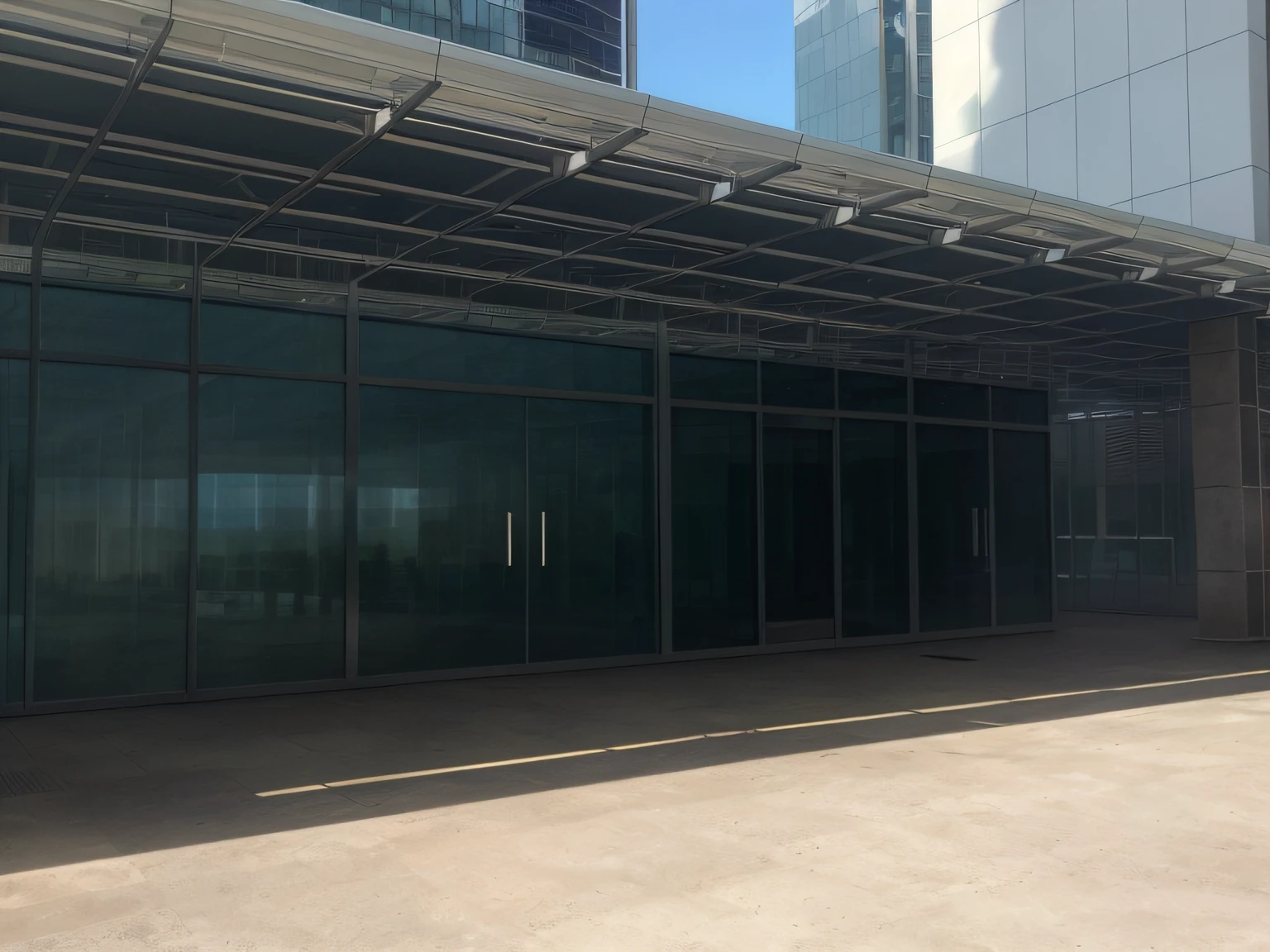 There is a large building with glass walls, Clear glass wall, Glass opening, full - length view, glass wall, glass wall, ground-level view, seen from outside, huge glass structure, view from ground, up front view, ground - level view, ground-level view, mid view, from street level, external view