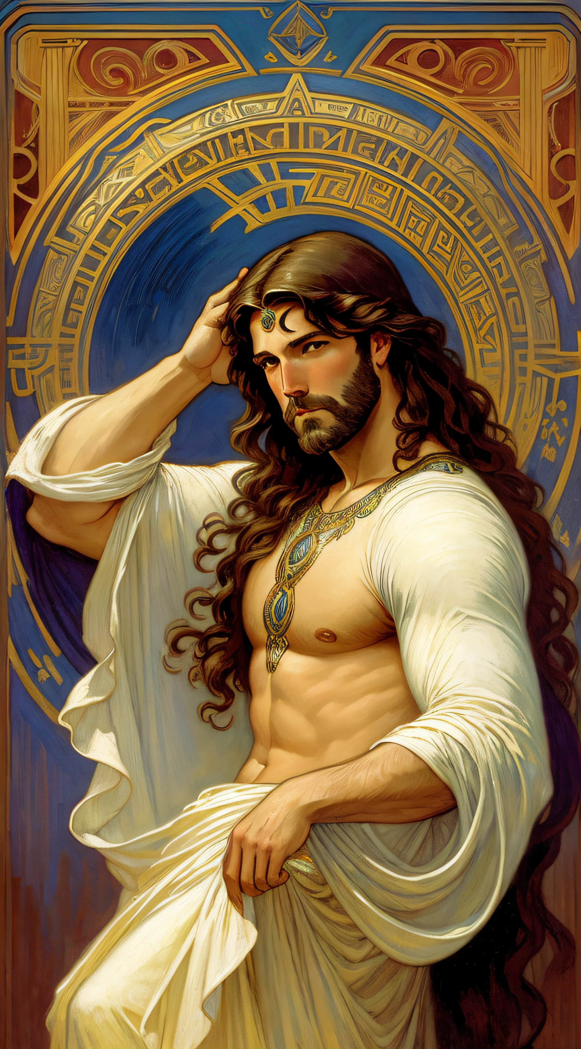BEN AFFLECK, como retrato pintado de Zeus, god of thunder, deus grego, no Monte Olimpo, cabelos brancos, corpo inteiro, maduro, Handsome, fantasia, intrincado, elegante, altamente detalhado, pintura digital, Art Station, arte conceitual, macio, foco nítido, illustration, arte de Gaston Bussiere e Alphonse Mucha --auto
