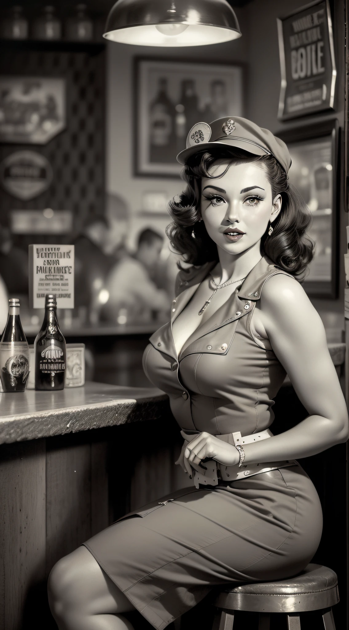 Uma imagem de uma impressionante garota pin-up dos tempos de guerra, dressed in a retro-inspired outfit, posing gracefully in a nostalgic 1940s bar. Black and white image adds a vintage touch to the scene, capturing the essence of the era's iconic pin-up art and vintage aesthetic.