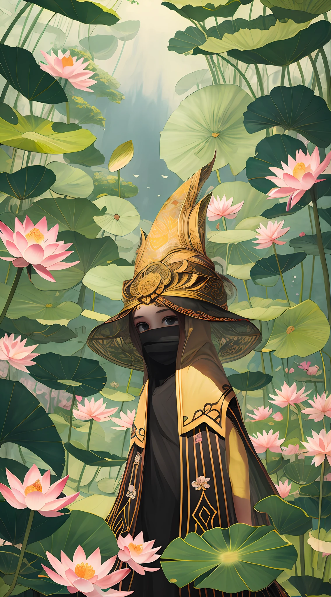 （tmasterpiece，best qualtiy）There was a lovely girl，Stand among the lotus bushes,Wearing a yellow dress，Tall lotus，Look up at the perspective，ponds，lotuses，cute female child