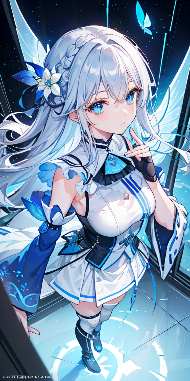 (Overhead view),dynamic angle,ultra-detailed, illustration, close-up, straight on, 1girl, (fantasy:1.4), (azure blue eyes:1.233),Her eyes shone like dreamy stars,(glowing eyes:1.233),(beautiful and detailed eyes:1.1),(Silver hair:1.14),(messy hair,very long hair,french braid,hair between eyes,sidelocks), (+(bule hair flower:1.14)),(chiffon dress,bule flower pattern in uniform)/=(military uniform:1.24),(detached sleeves,wide sleeves),(fingerless gloves),choker,(miko thighhighs),High heeled boots,(expressionless,closed mouth),(standing), (classical Princess boudoir with dressing tableand french windowin a white ancient palaces),(white flowers,bloom),(abysmal sea),(flowing water),(a dull blue world tree:1.14),(ruins),(night:1.2),dreamy,soul,(fluorescence),(flying translucent blue butterflies:1.15), [[delicate fingers and hands:0.55]::0.85],(detail fingers),(yubao:0.5),
