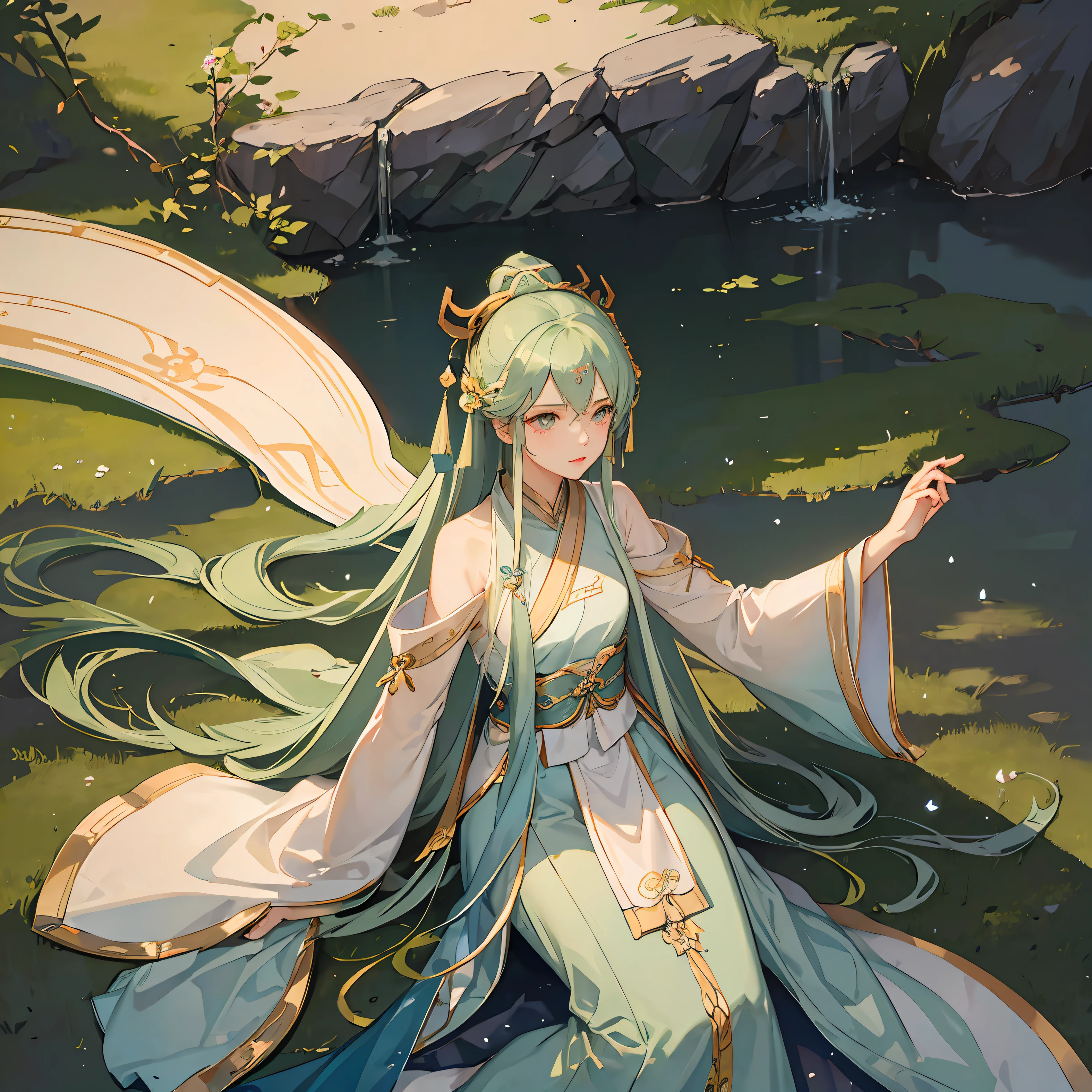 Light green long straight hair,hair splayed out,Chinese Ancient Times,white hanfu。delicated,tmasterpiece,Need,high qulity,Five fingers,A pair of hands --auto