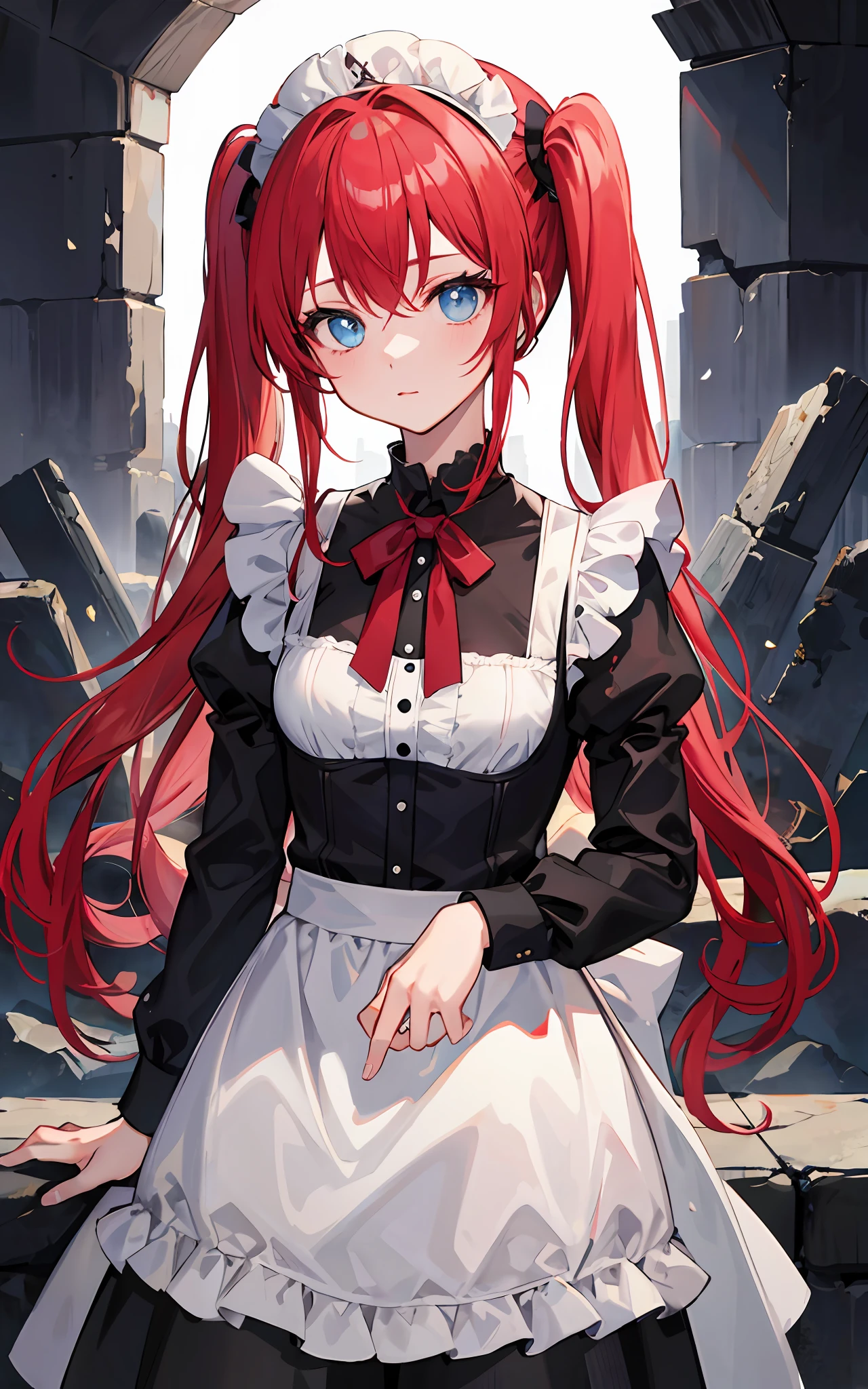 red hair,blue eyes,twintails,maid, long hair, long sleeves, gothic, solo, ,{{best quality}}, {{masterpiece}}, {{ultra-detailed}}, {illustration}, {detailed light}, {an extremely delicate and beautiful}, a girl, {beautiful detailed eyes},ruins