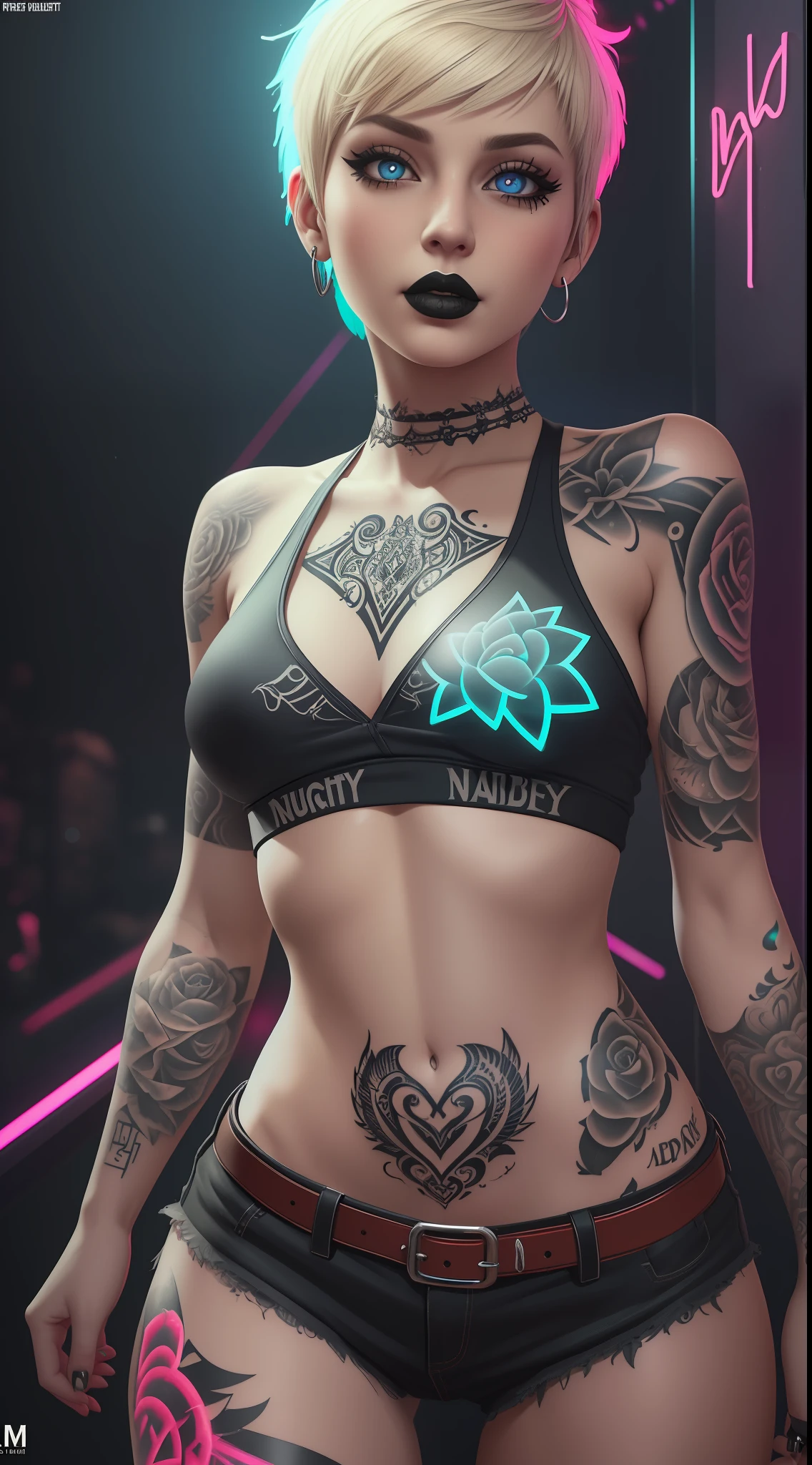 A highly detailed picture of a beautifully tattooed woman, (((the word Naughty tattooed on lower midriff, in calligraphy font, the word naughty, the english word naughty written in english on mons))), (((the word Naughty tattooed on midriff in reflective in, glowing in blacklight, glowing tattoos))), posing seductively, looking down at viewer, seductive smirk, showing off naughty tattoo on modriff, short blonde hair, shaved sides, pixie cut, petite, small chest, black eyeliner, black lipstick, piercing blue eyes, detailed eyes, ultra detailed, tattoos, (punk outfit, loose skimpy clothing, revealing), ((detailed background, blacklight rave)), photorealistic, colorful, viewed from front, low angle view, digital art, highly detailed, fine detail, intricate, ornate, complex, octane render, unreal engine, photorealistic, 8k, 16k,