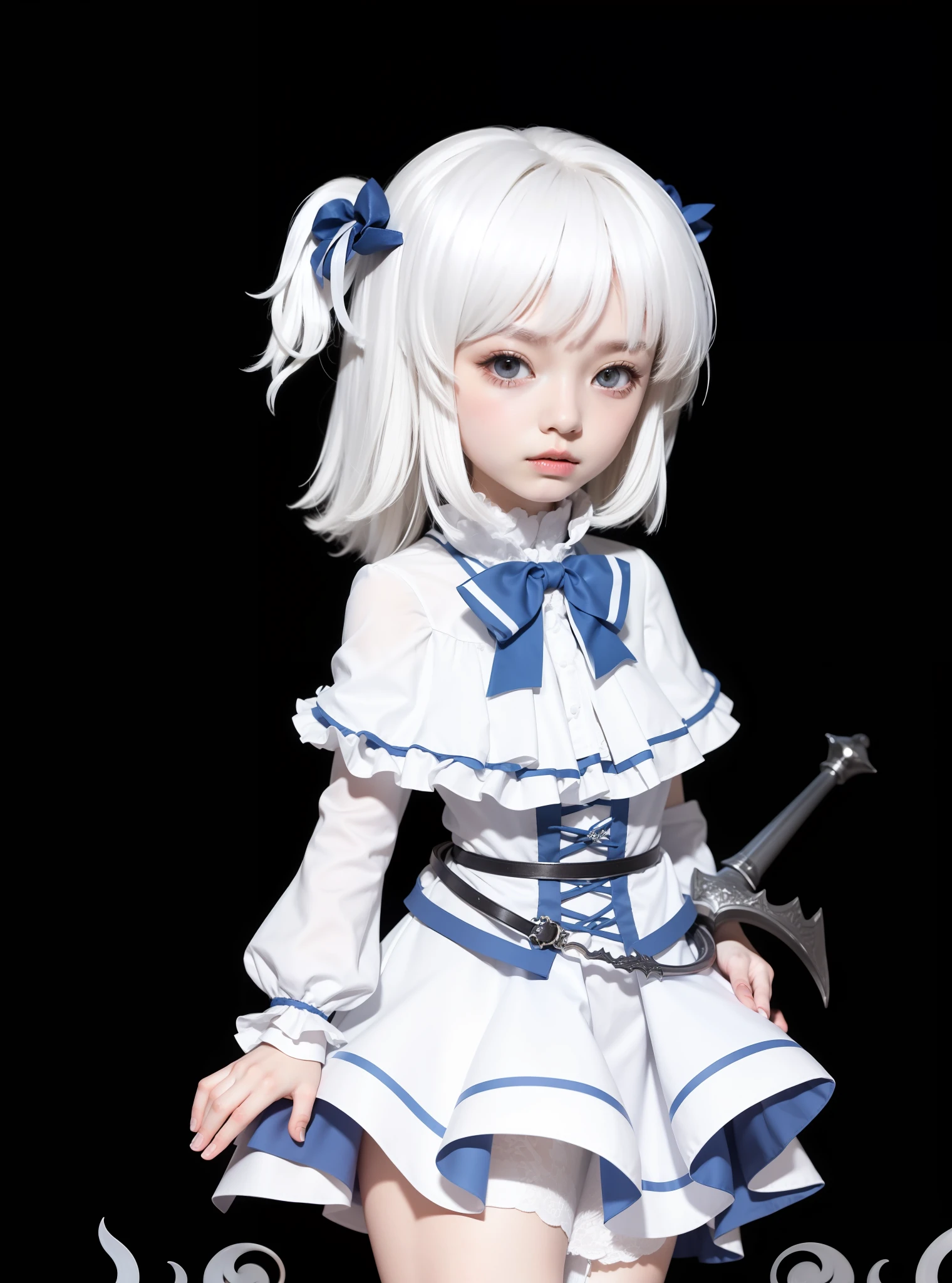 roleplaying，(12year old)Beautiful age girl，White color hair，white stockings，White cape，Slim body，Lovely face，Three-dimensional black background，See a fantasy character that is about to disappear，Great visuals。