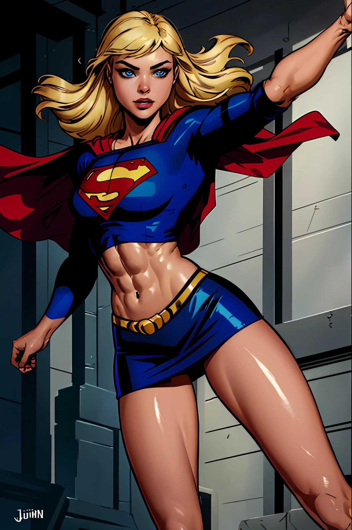 a beautiful comic book illustration of Supergirl from DC Comics, drawn by artist Jim Lee, Artgerm, (edge lighting:1.1), long hair, an extremely beautiful, high resolution portrait photo of the super heroine Supergirl, (skintight:1.1), crop top, (bare midriff:1.1), miniskirt, muscular, sixpack abs, detailed eyes, (cowboy shot:1.1), cleavage, slender, ultra highres, 4k high resolution, posing