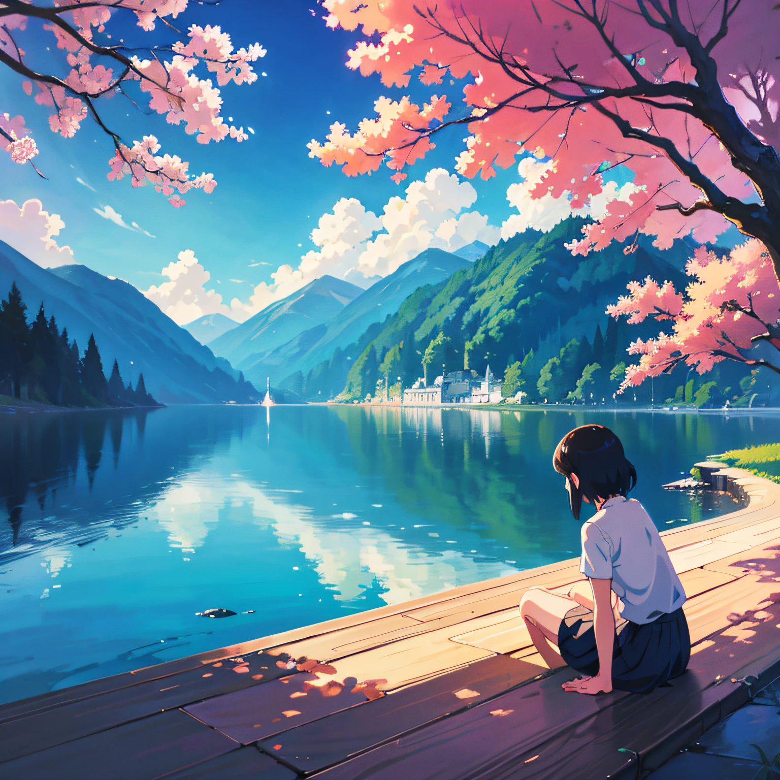 anime scenery of a woman sitting on a balcony overlooking a lake, by Miyazaki, makoto shinkai cyril rolando, incredible miyazaki, miyazaki's animated film, studio ghibli artstyle, beautiful anime scene, miyazaki film, style of hayao miyazaki, inspired by Miyazaki, miyazaki movie, ghibli artstyle --auto