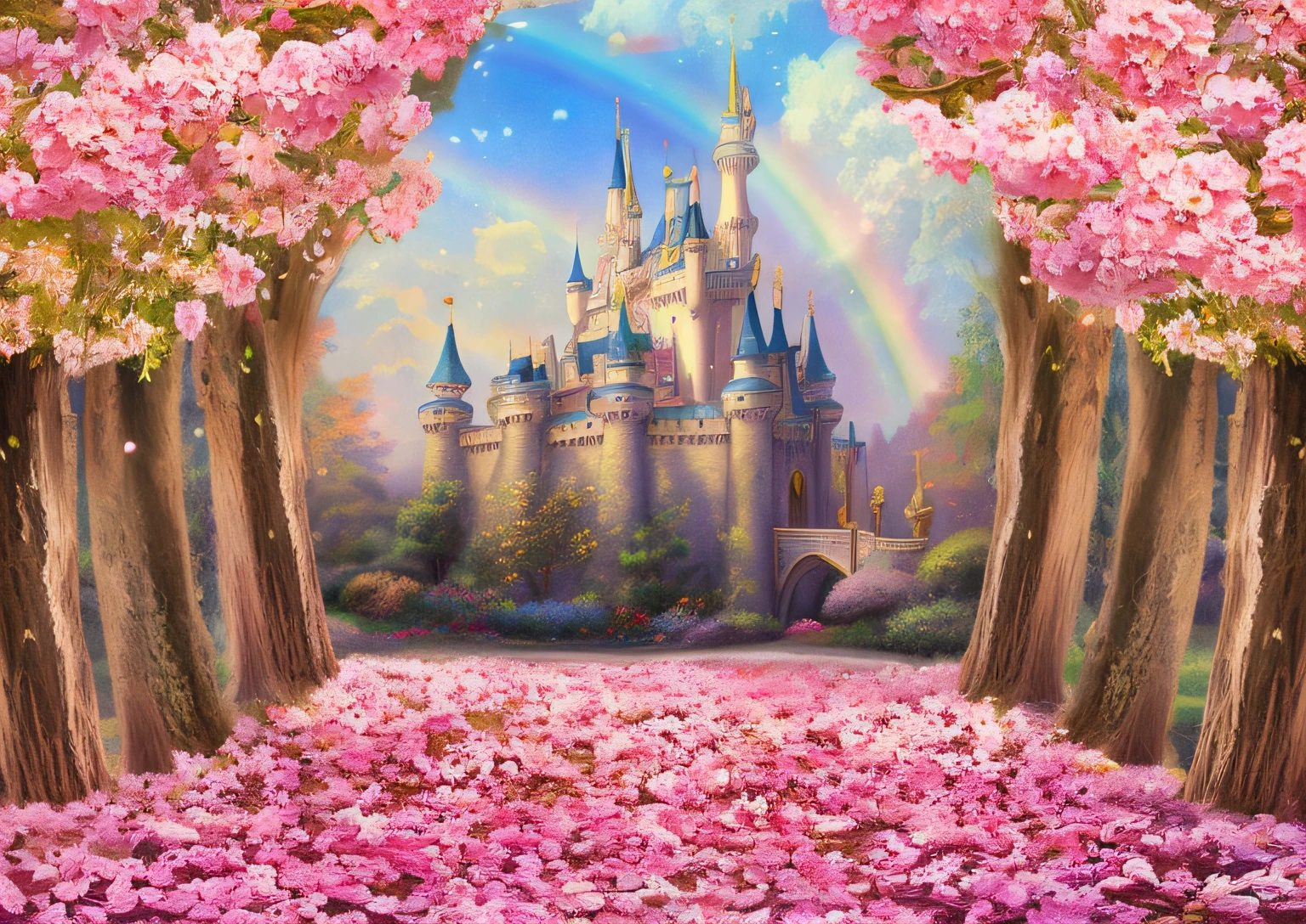 Draw a castle,There are rainbows and pink flowers in the sky, magical fairy background, Magical castle, enchanted magical fantasy forest, The background is Disneyland Castle, fairy tale style background, fairy tale place, Magical background, fantasy fairytale story, Fantasy castle, magic fairyland, Castle background, beautiful render of a fairytale, magical scenery, Beautiful castle, magical fantasy forest