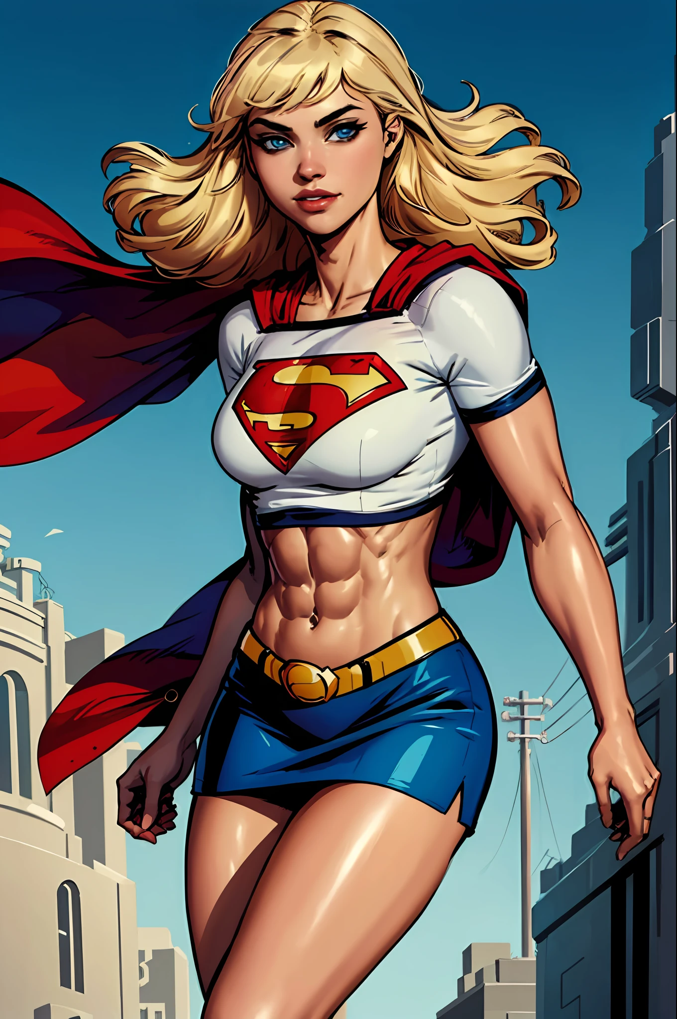 a beautiful comic book illustration of Supergirl from DC Comics, drawn by artist Jim Lee, Artgerm, (edge lighting:1.1), long hair, an extremely beautiful, high resolution portrait photo of the super heroine Supergirl, (skintight:1.1), crop top, (bare midriff:1.1), miniskirt, muscular, sixpack abs, detailed eyes, (cowboy shot:1.1), cleavage, slender, ultra highres, 4k high resolution, posing