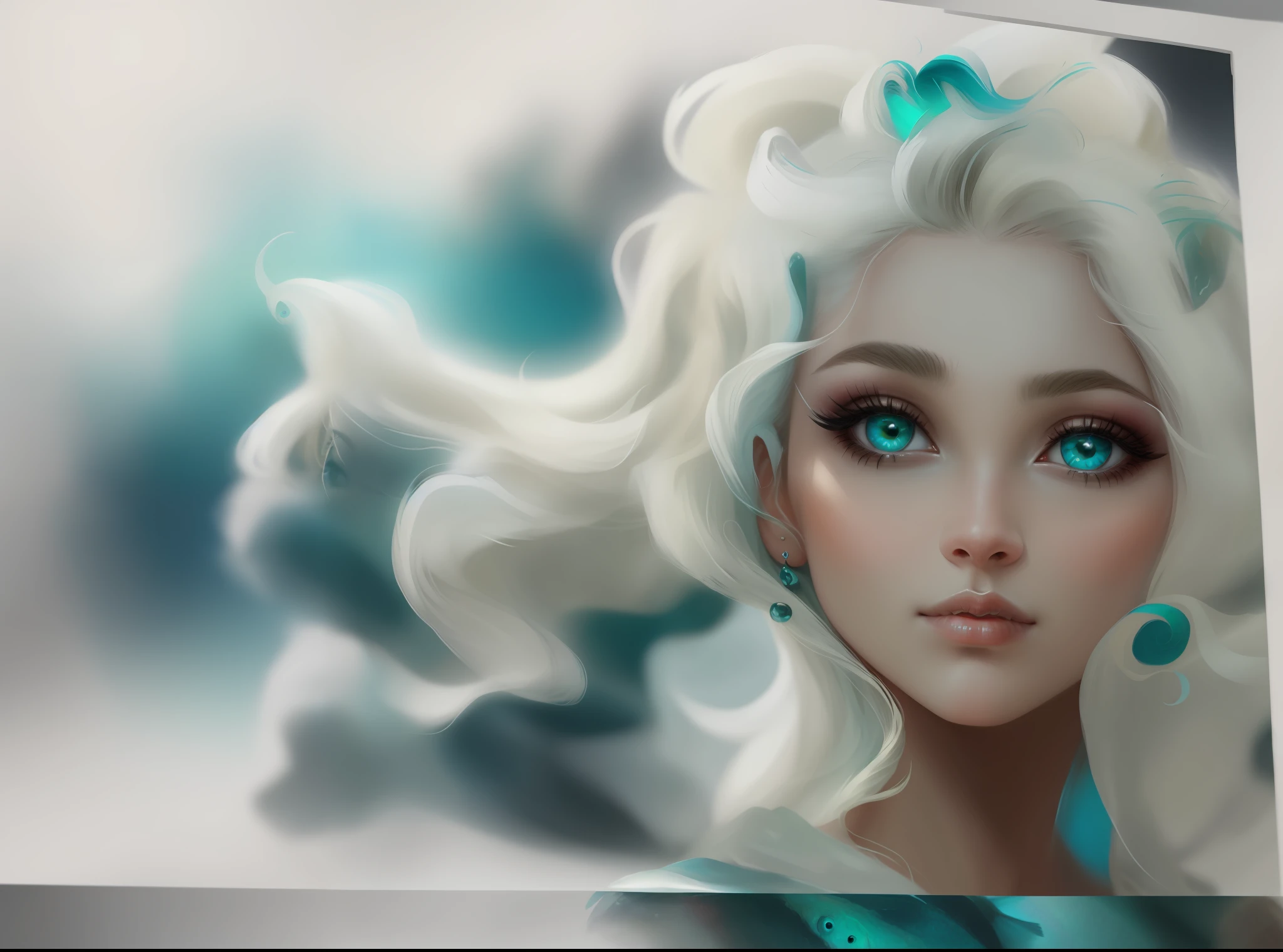 Obra maestra, mejor calidad, 8k, uhd, Dibujo de una mujer con un peces detallados saliendo del cabello,Cabello blanco, piel blanca, detalles faciales perfectos, rostro perfecto detallado, ojos grandes detallados, ojos verdes esmeralda, thin lines, fantasia, delineado perfecto, arte, hiper realista, mujer hermosa, ojos verde esmeralda detallados, cabello azul mar, cuello delgado muy detallado