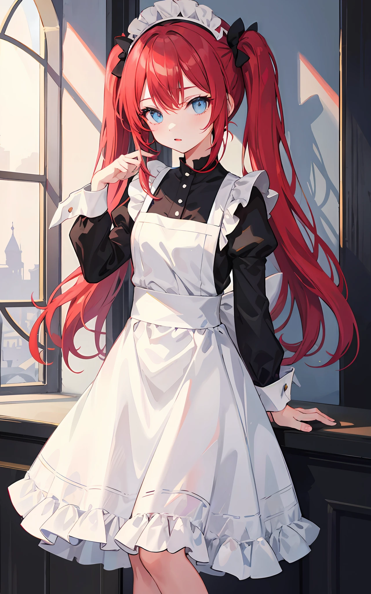 red hair,blue eyes,twintails,maid, long hair, long sleeves, gothic, solo, loli,{{best quality}}, {{masterpiece}}, {{ultra-detailed}}, {illustration}, {detailed light}, {an extremely delicate and beautiful}, a girl, {beautiful detailed eyes},ruins,vine