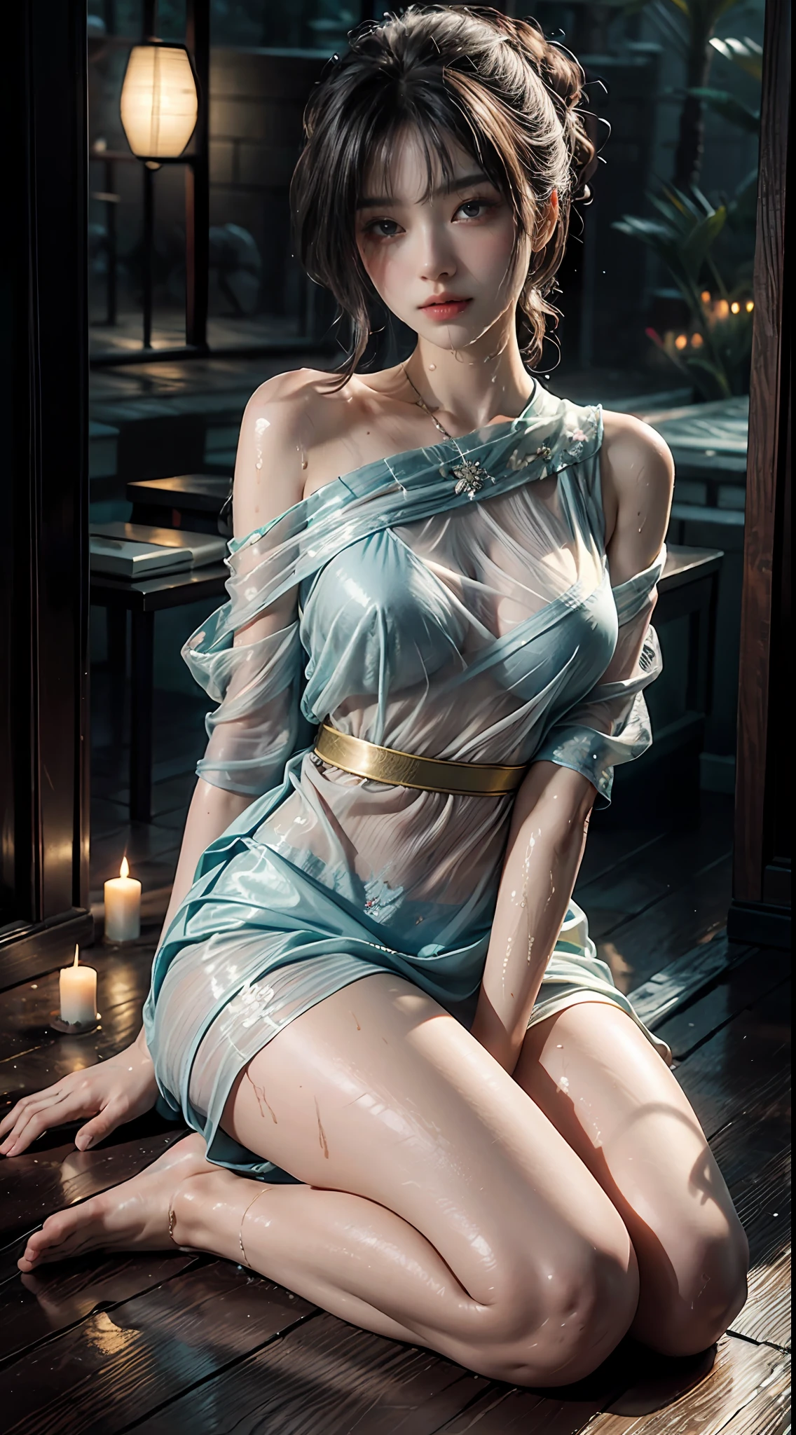 loose outfit、Show shoulders、How to wear a broken see-through kimono、Decorated with intricate patterns and bright colors、Transparent material、Artistic depiction of seductive woman in kimono with wet thin cloth and transparent skin, Floral and fantastic pattern with flowing silky traditional see-through skin。Her dress draped elegantly around her curvaceous figure、Emphasizes her charming silhouette。She is sitting on a chair in a sexy pose at night when gentle fireworks go up、bathed in the soft glow of moonlight。The scene is、With a hint of mystery and sensuality、It exudes an ethereal dreamy atmosphere。The image style is、It incorporates a blend of watercolor and digital illustration techniques.、It makes you feel delicate beauty and charm。Soft moonlit lighting、Cast gentle highlights and shadows on her mesmerizing features。Get down on both knees、Put your hands on the floor、The hand is somewhere、see -through、show through、A sexy、Wet hair、Wet、