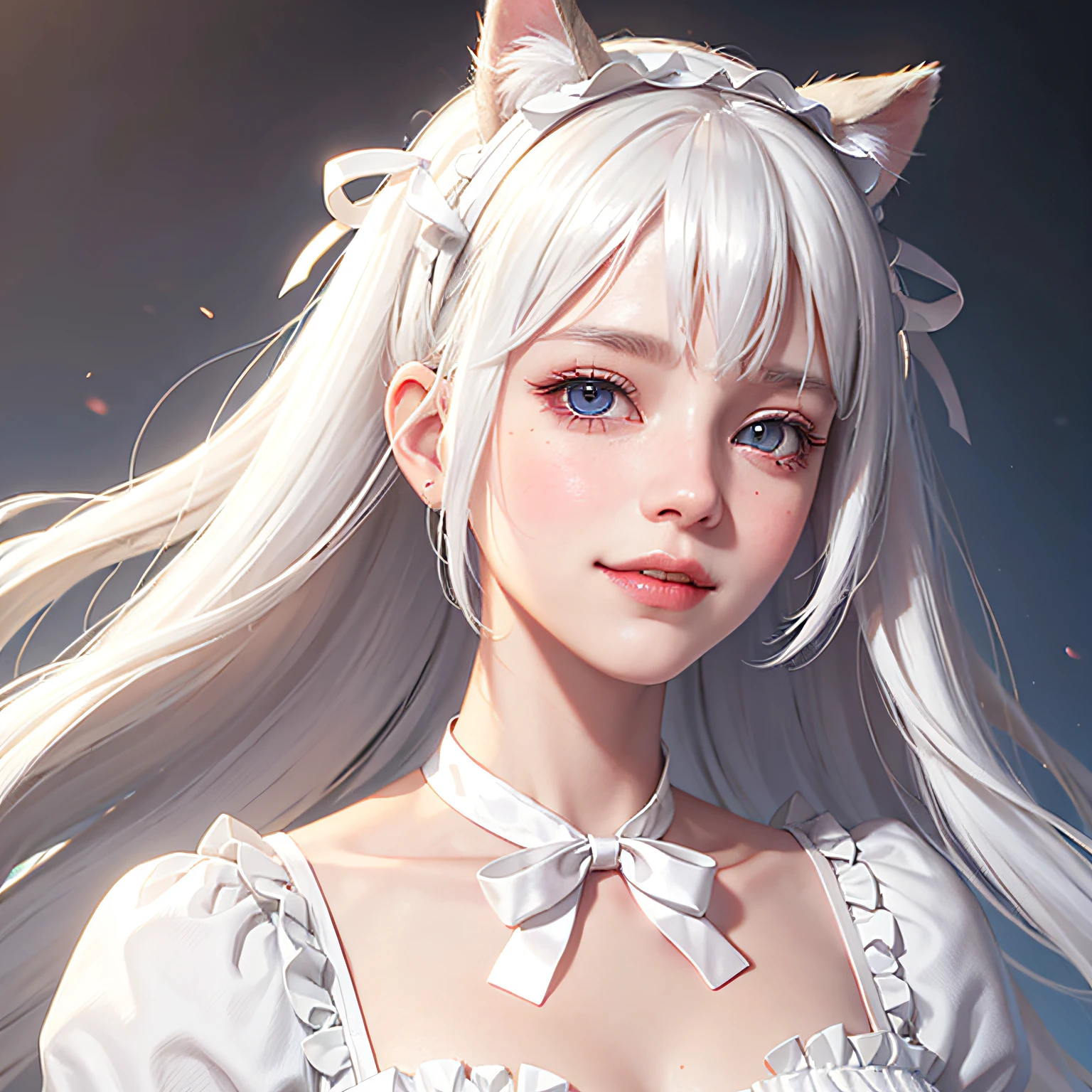 white hair, ribbon, lolita hairband, gradient eyes, eyeball, fake animal ears, light smile, blush, stifled laugh, Verism, high detail, cinematic lighting --auto