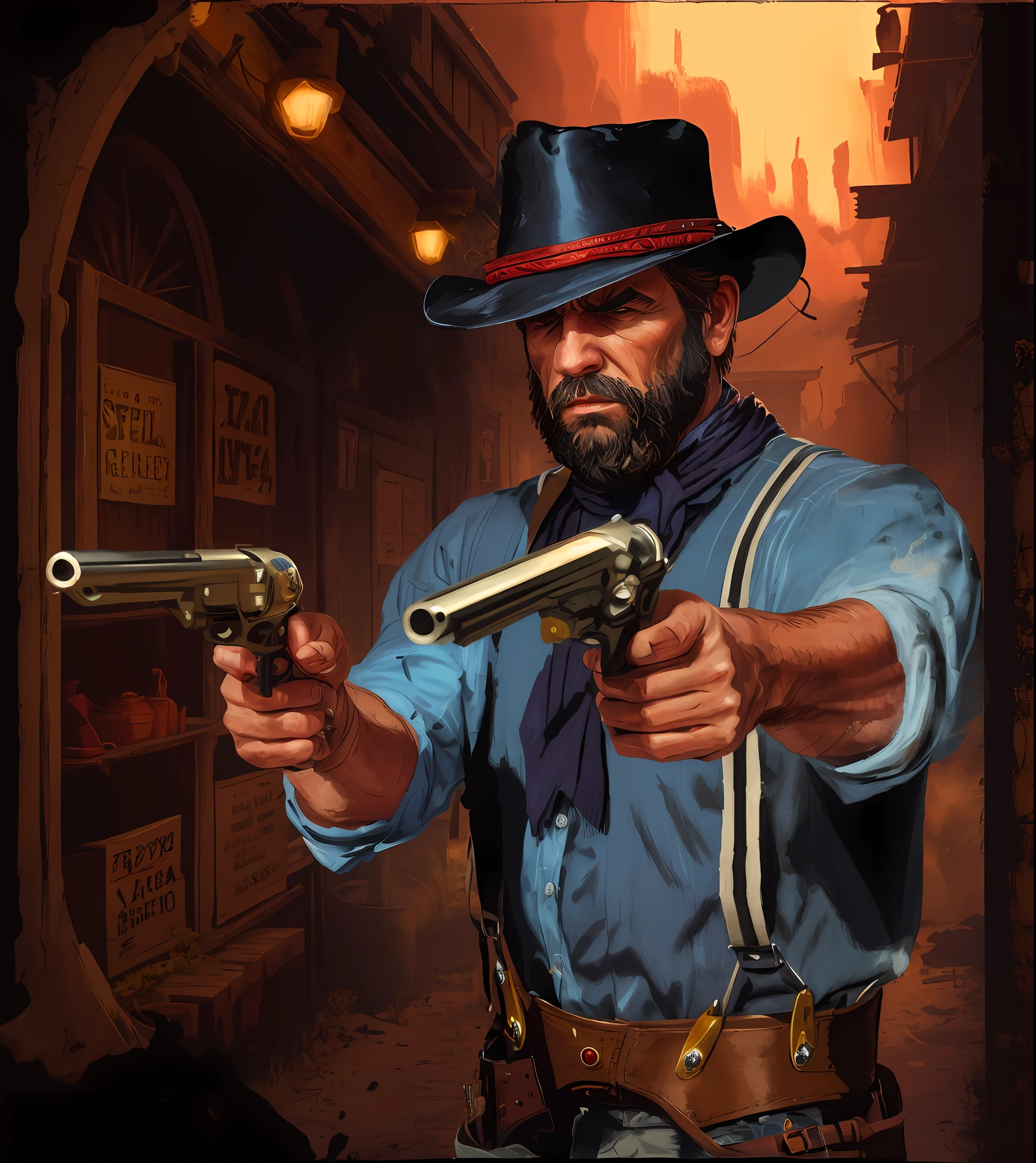 R3DD34Dstyle, digital portrait , sad, long beard, cowboy hat, pointing two silver revolvers, blue shirt, black scarf around neck, black and white suspenders, red sky,
