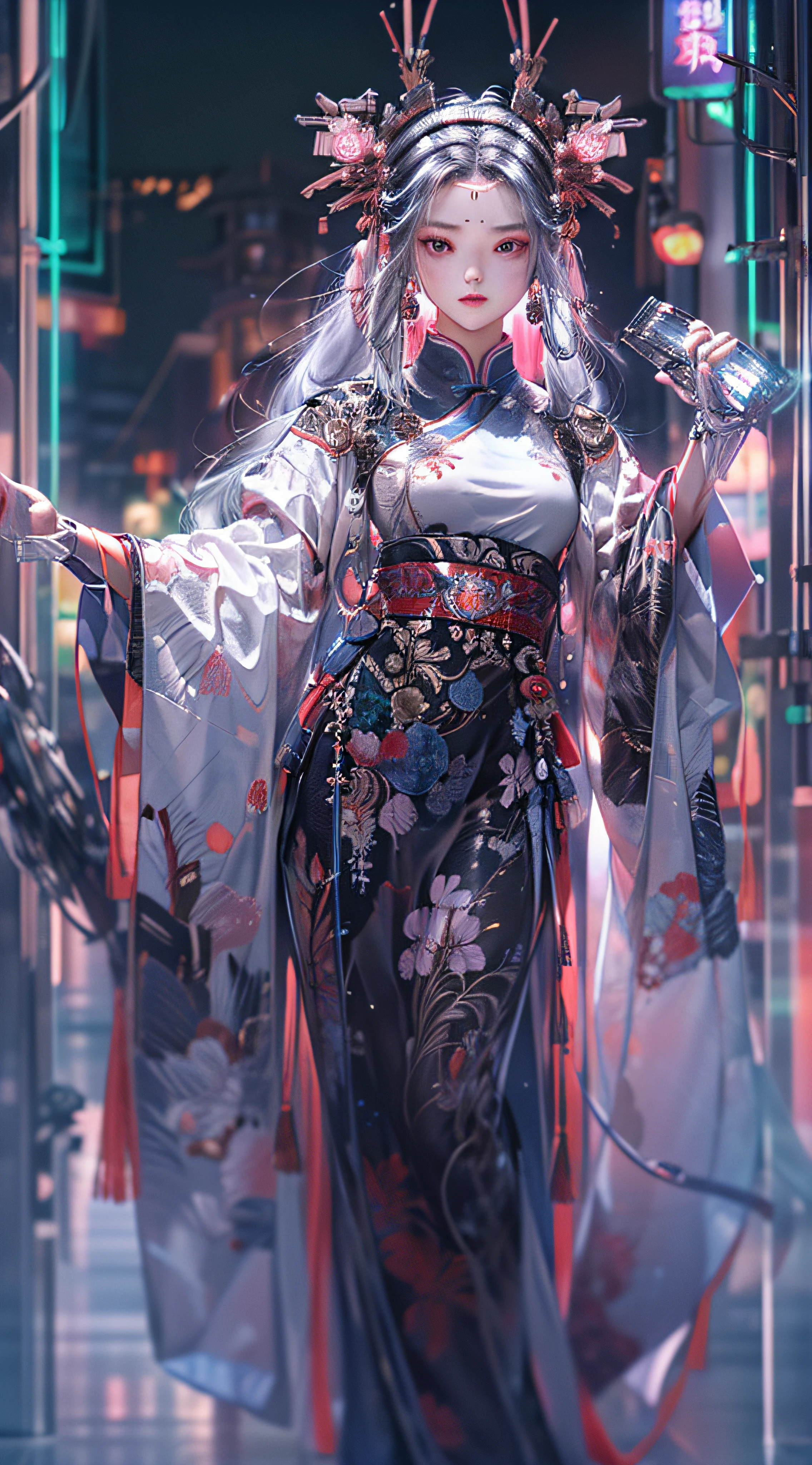 (Best quality, Masterpiece, 超高分辨率, RAWphoto, Detal Face, Detailed skin, offcial art, Beautiful and aesthetic, Realistic, photo-realistic,fully body photo,8K,Profile picture,Faraway view), 1girll, full body, Cyberpunk, City, standing, Long hair, Mechanical arm, mechanical leg, hair adornments, headdress, Chinese_clothes, Qingan, Cyberhanfu, sense of science and technology, Flowers that glow, Neon light,