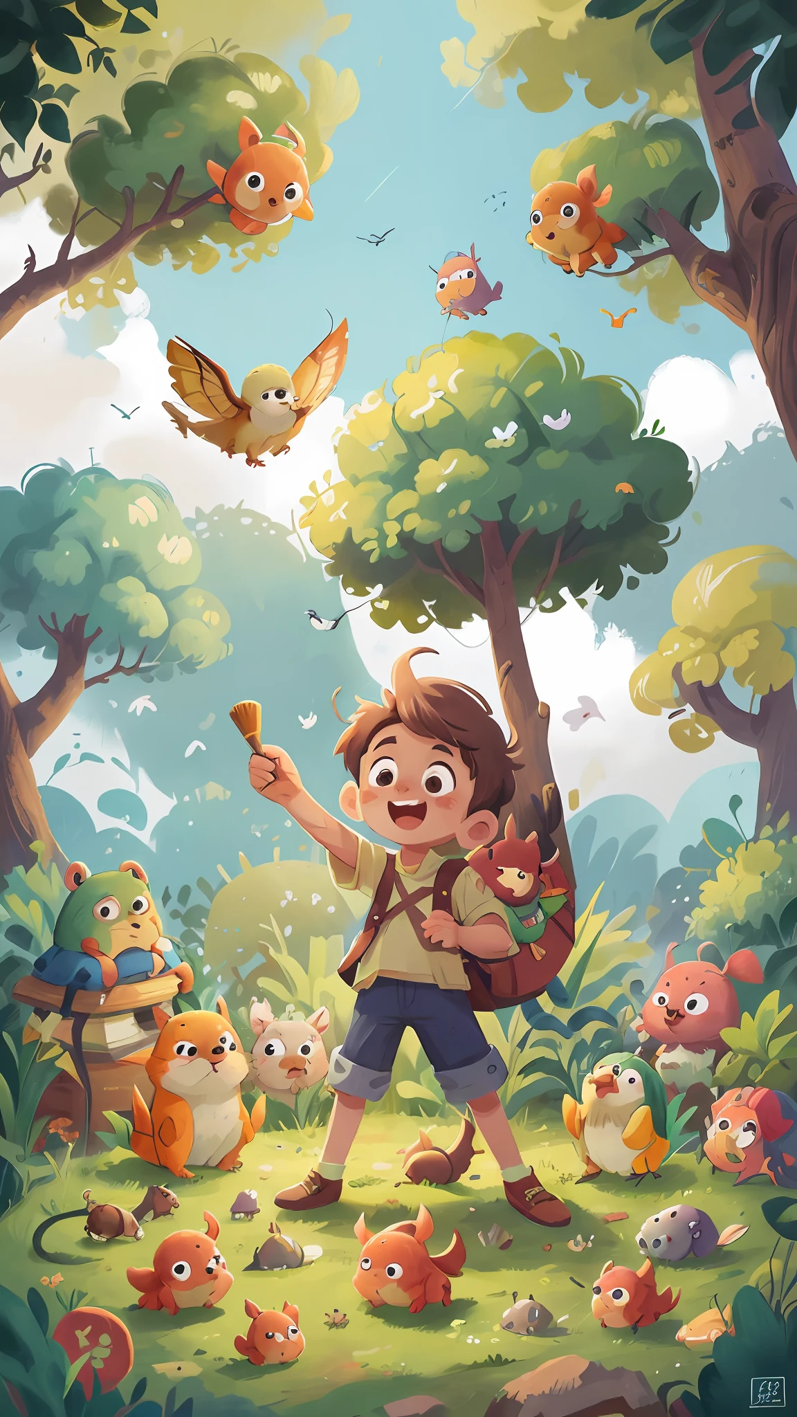 Floresta aberta, (obra-prima desenho de arte, 1 boy aventureiro, happy excitement, destemido olhando para um cavalo encantado alegre ( detailed enhanced animation), chapeu, roupa aventura. Animal( obra-prima detalhado), floresta, birds (realista), luz solar, nuvens, campo aberto. +4 imagens (detailed various poses) bichos (animais)