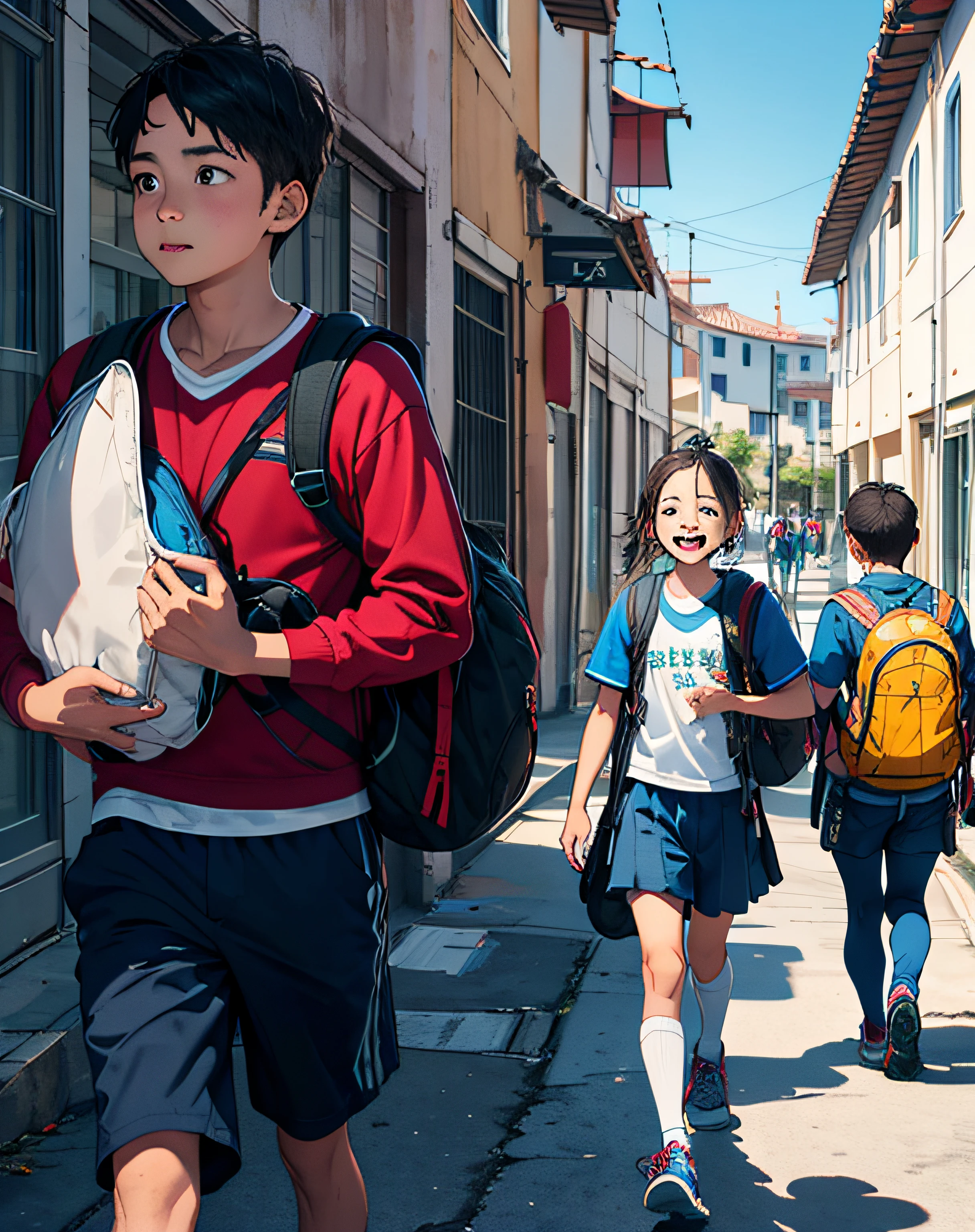 en vista frontal Familia que sale de la escuela feliz y contenta ((con sus mochilas y cuadernos)) Los padres los llevan de la mano. In the background more students fleeing Felice