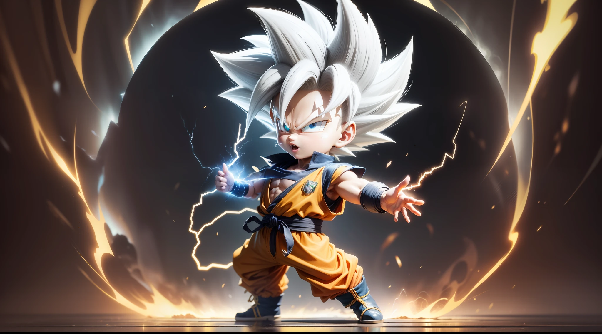 Masterpiece), (Extreme Quality), (Ultra Detailed), (delicate face), (detailed eyes), Full Body, 1 boy, (9 year old devil goku in super saiyan with white hair from Akira Toriyama's Dragon Ball manga: 1.7), solo, Chibi, Cute, perfect hands, (glowing metal objects hovering in the air and surrounding him:1.2),(Electric arcs and sparks:1.2),(flow of energy:1.2),(translucent magnetic lines:1.2),(golden silver grey and shimmering light effects:1.2), Kamehameha skill