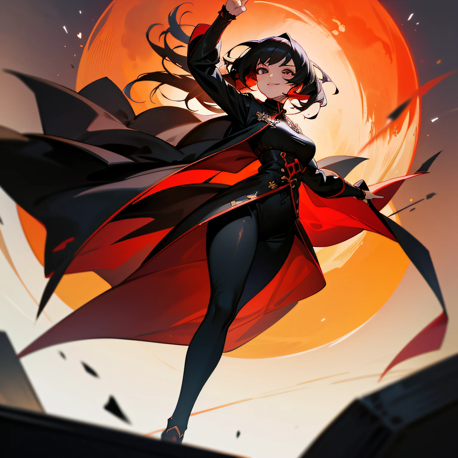 A close-up of a woman in a black shirt,red capelet, Style Artgerm, anime woman fullbody art, tmasterpiece, highly detailed, high qulity,Huge red moon, 1girll, unholy, Playful, ssmile, dynamic angle,mistic, Rabid, iintricate, hyper realisitc, delicated, Wearing an armored gothic dress, 电影灯光,Fly in the sky --auto
