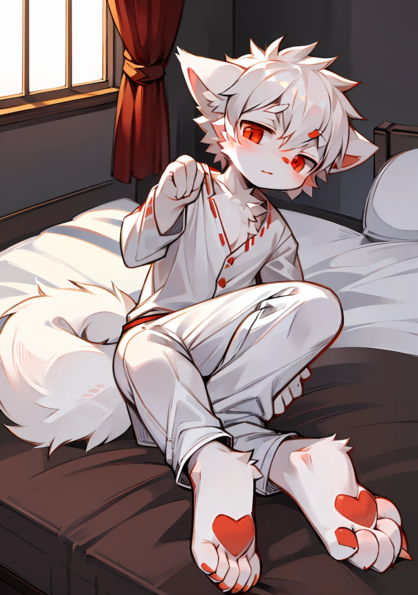 White fluffy tail，Red pupils，A white tail，white ear，Shota，He wears a white sock on his left foot，In pajamas，the night，In the bedroom，sat on the ground