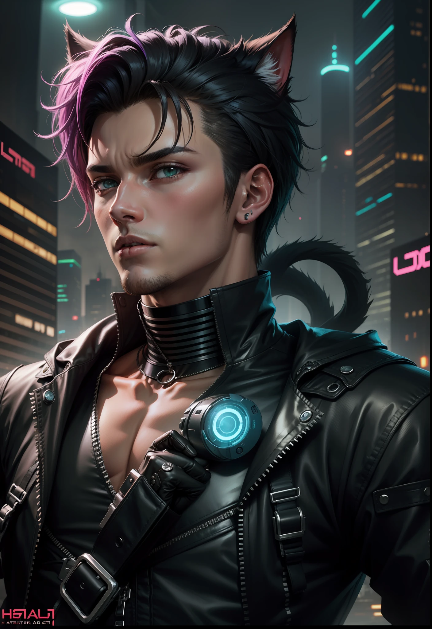 Change background Cyberpunk handsom boy realistic with cat ultra,--v4