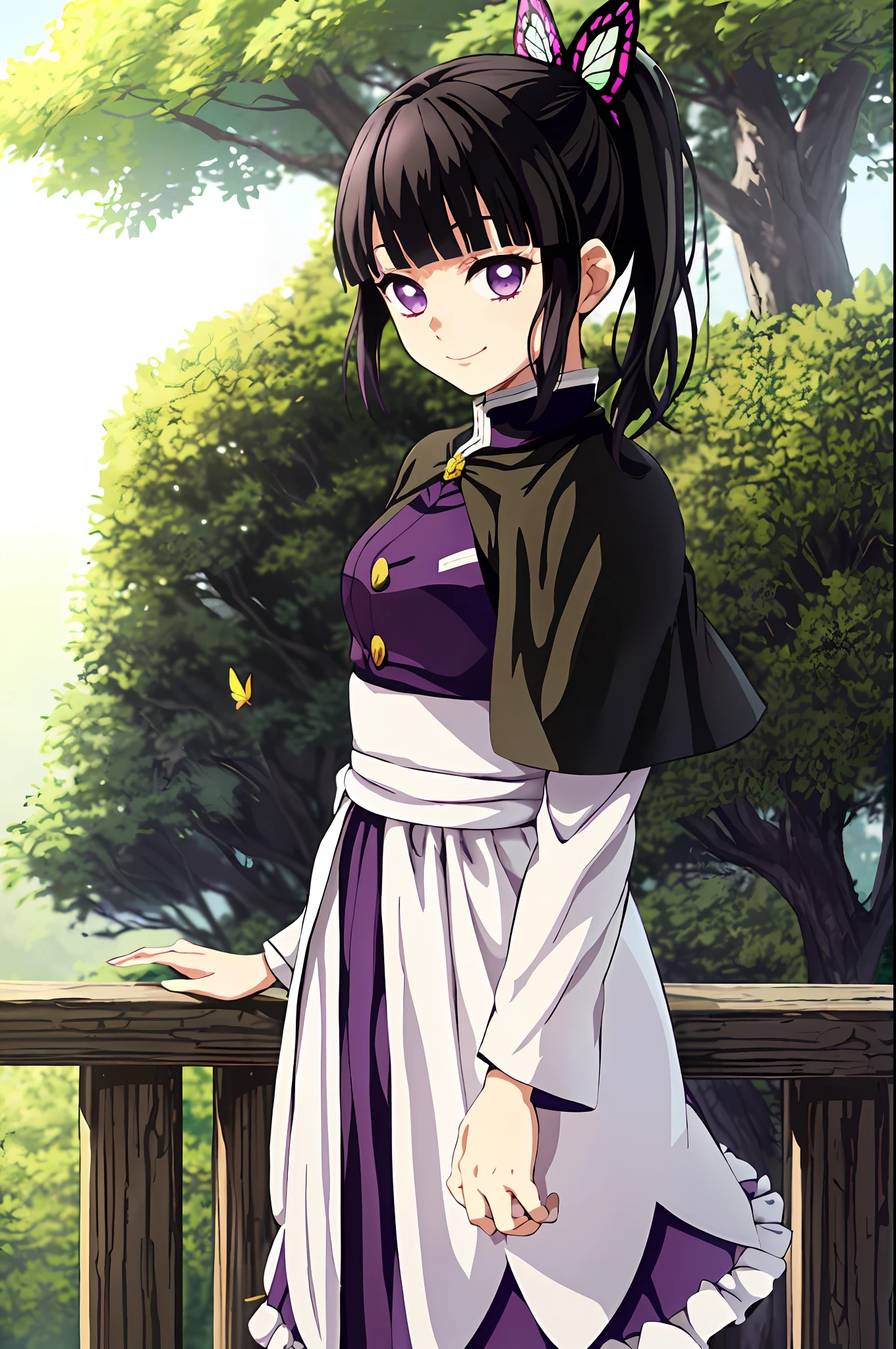 kimetsu no yaiba style, 1girl, butterfly hair ornament, hair ornament, butterfly, demon slayer uniform, solo, purple eyes, side ponytail, smile, black hair, white cape, cape, outdoors, bangs, tree, fence, anime coloring, ((masterpiece)), black uniform, black skirt, face at viewer, look at viewer,