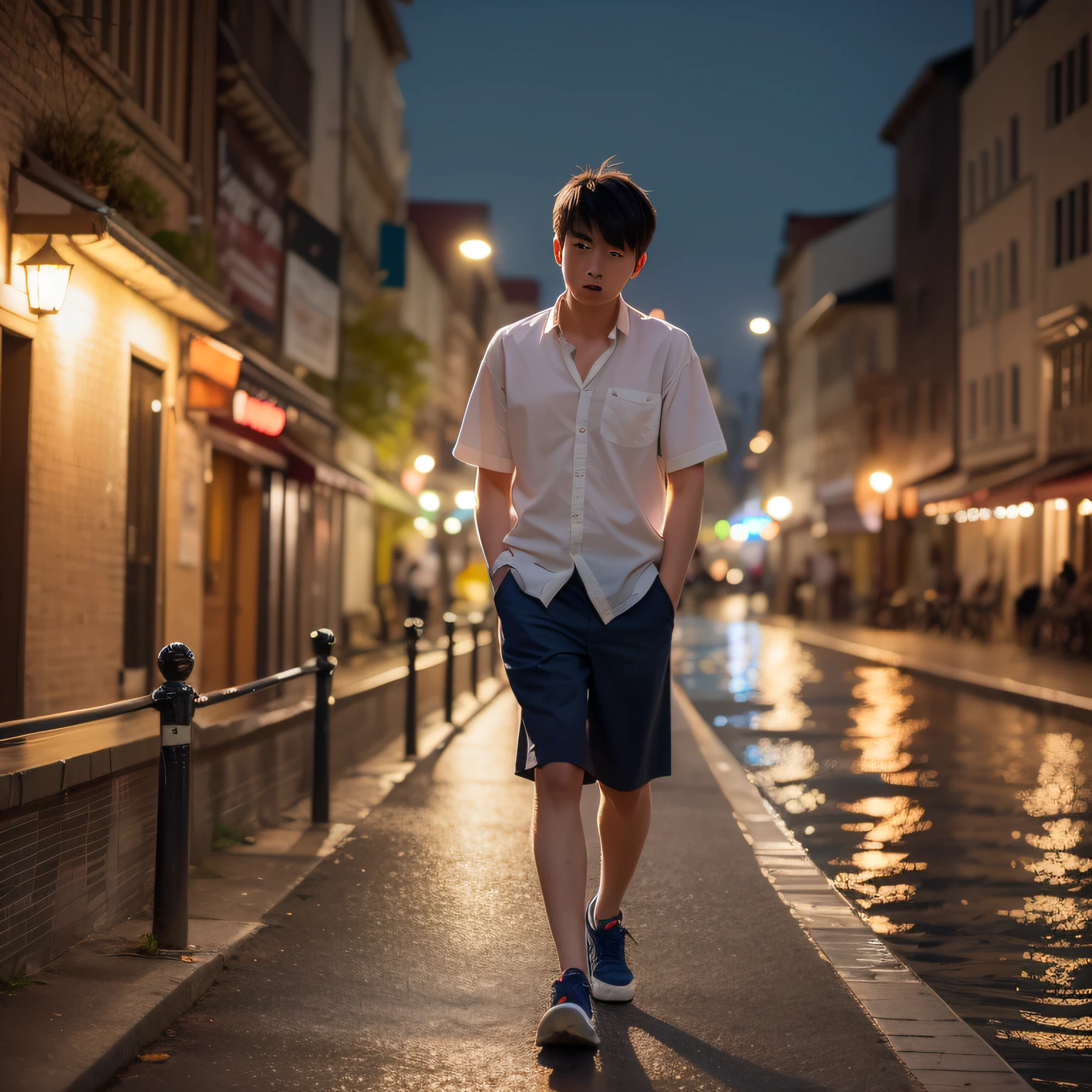 A slight evening breeze blowing by the river，With a slight fishy smell，A 20-year-old boy drunk walks on the shore。