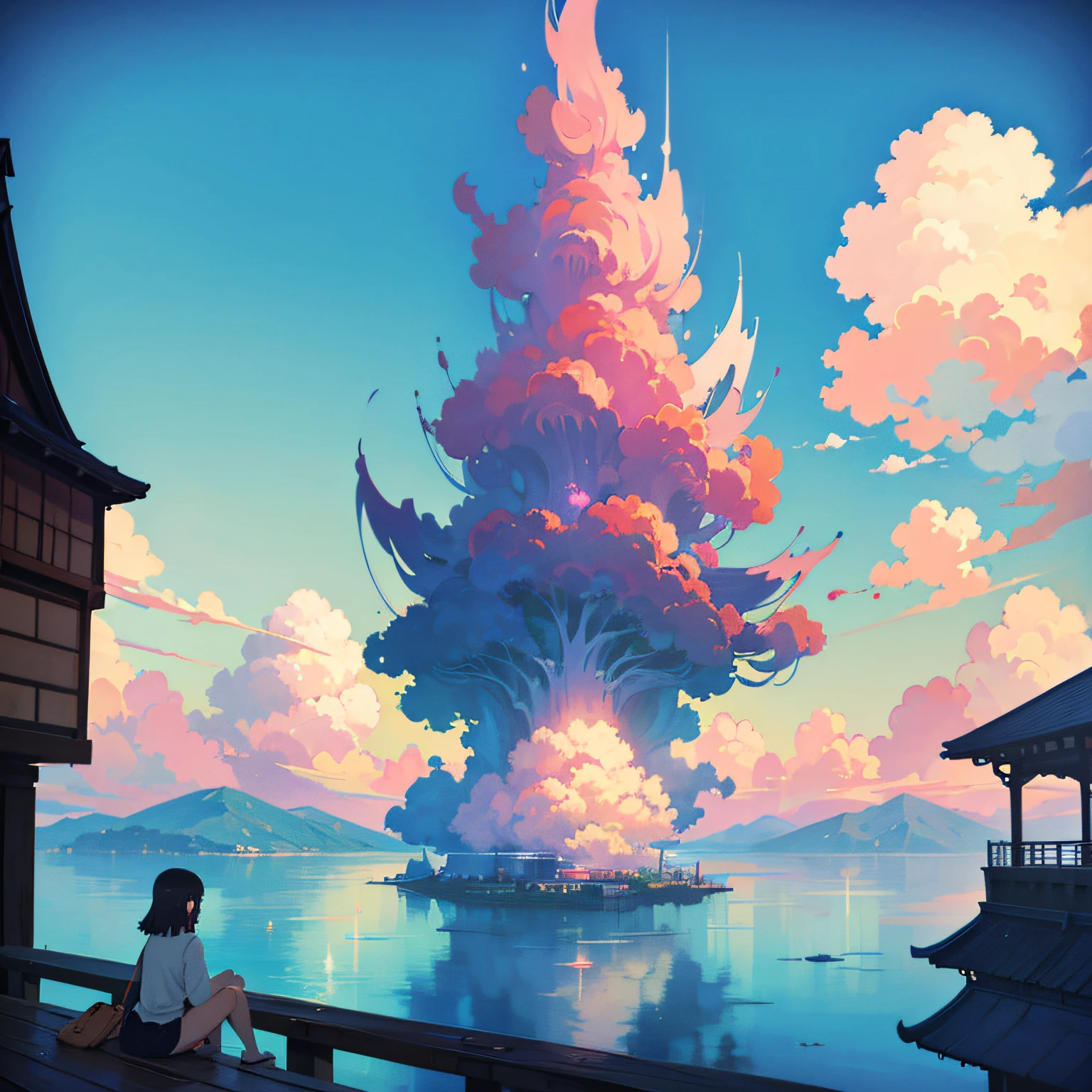 anime scenery of a woman sitting on a balcony overlooking a lake, by Miyazaki, makoto shinkai cyril rolando, incredible miyazaki, miyazaki's animated film, studio ghibli artstyle, beautiful anime scene, miyazaki film, style of hayao miyazaki, inspired by Miyazaki, miyazaki movie, ghibli artstyle --auto