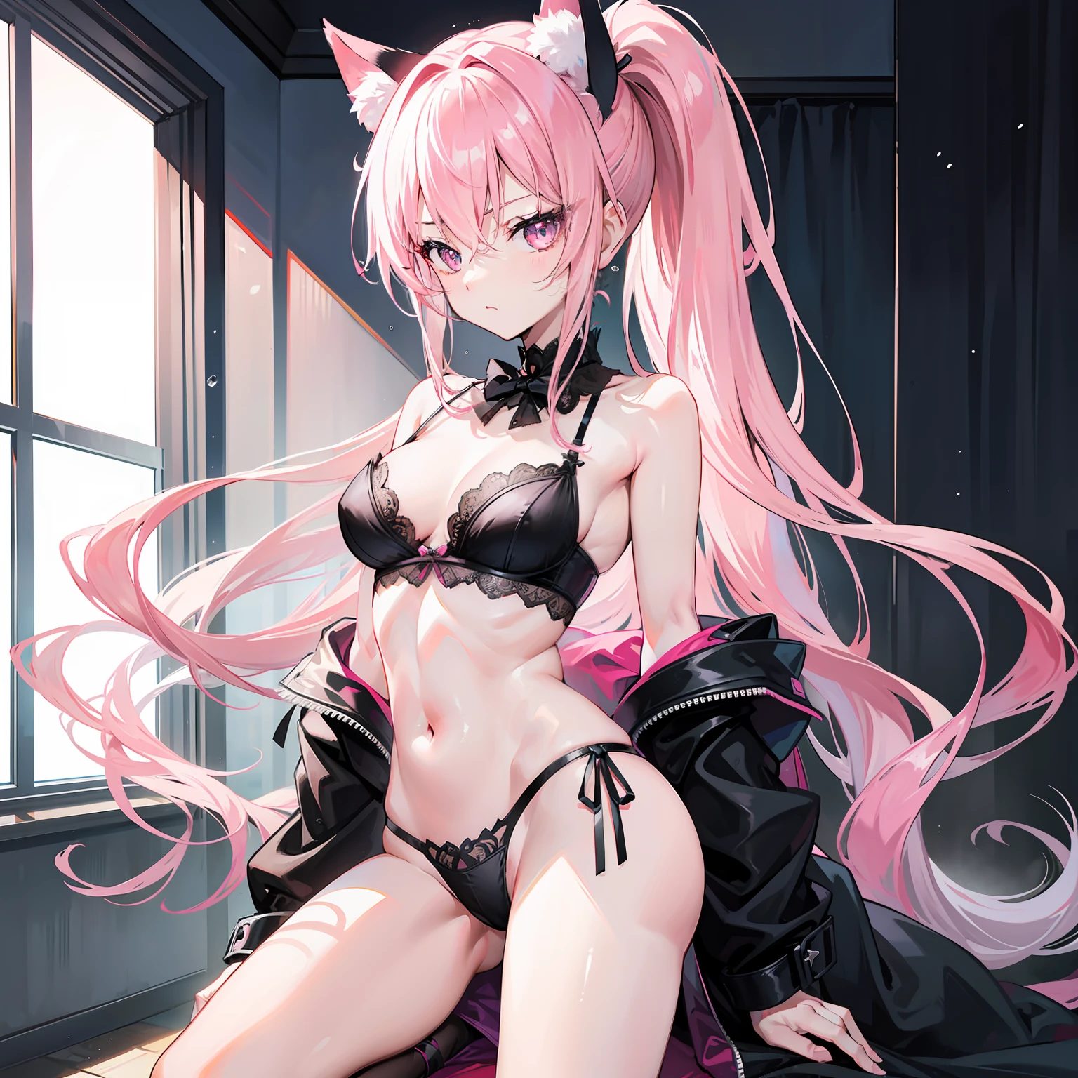 Best picture quality，highly  detailed，Body and facial contours:1.2）Rainy days，Wearing a pink-trimmed black silk bra，Black lace erotic panties，Pouting ass，animemanga girl ，Weakness of the body，Slim waist，slender leg，Bedrooms，facing away from the audience，Side head，High ponytail with long hair，Very light, very light pink hair，Wears black cat ears