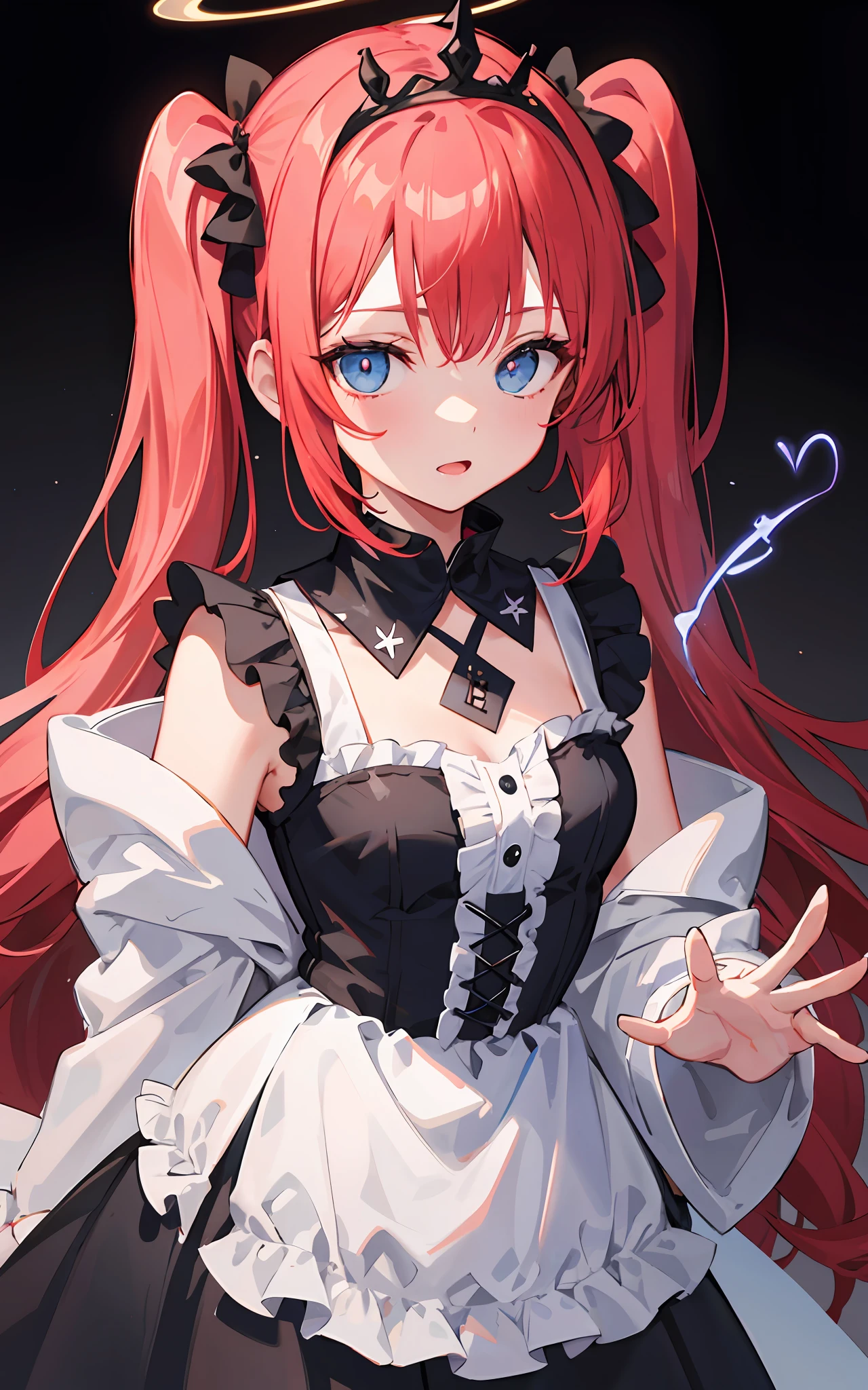 {{best quality}}, {{masterpiece}}, {{ultra-detailed}}, {illustration}, {detailed light}, Red hair, Blue eyes, twintails, Goth Lolita, Darkgoth, Collar,Crown tiara,pride,solo,loli,Long hair,Red vine, halo