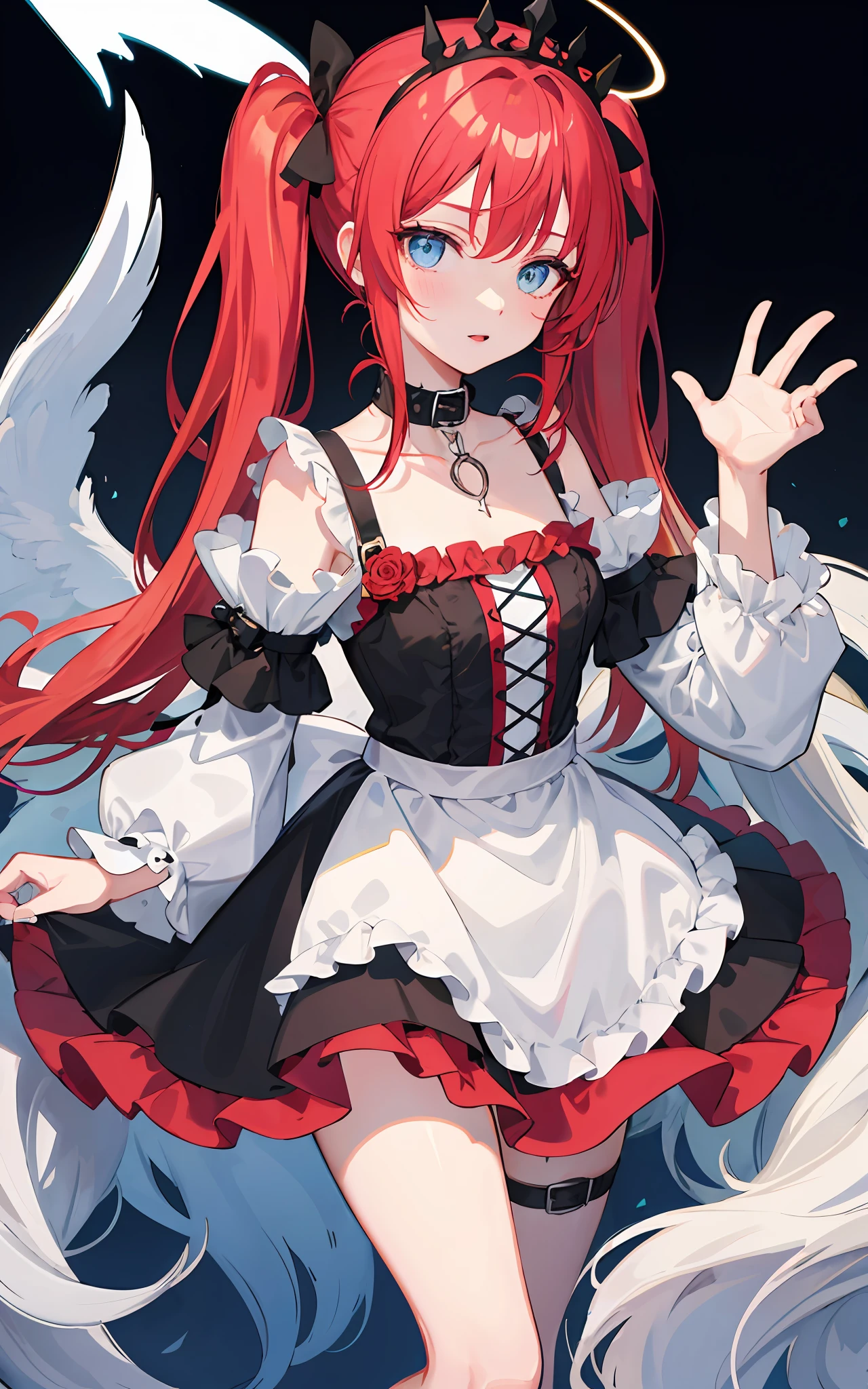 {{best quality}}, {{masterpiece}}, {{ultra-detailed}}, {illustration}, {detailed light}, Red hair, Blue eyes, twintails, Goth Lolita, Darkgoth, Collar,Crown tiara,pride,solo,loli,Long hair,Red vine, halo