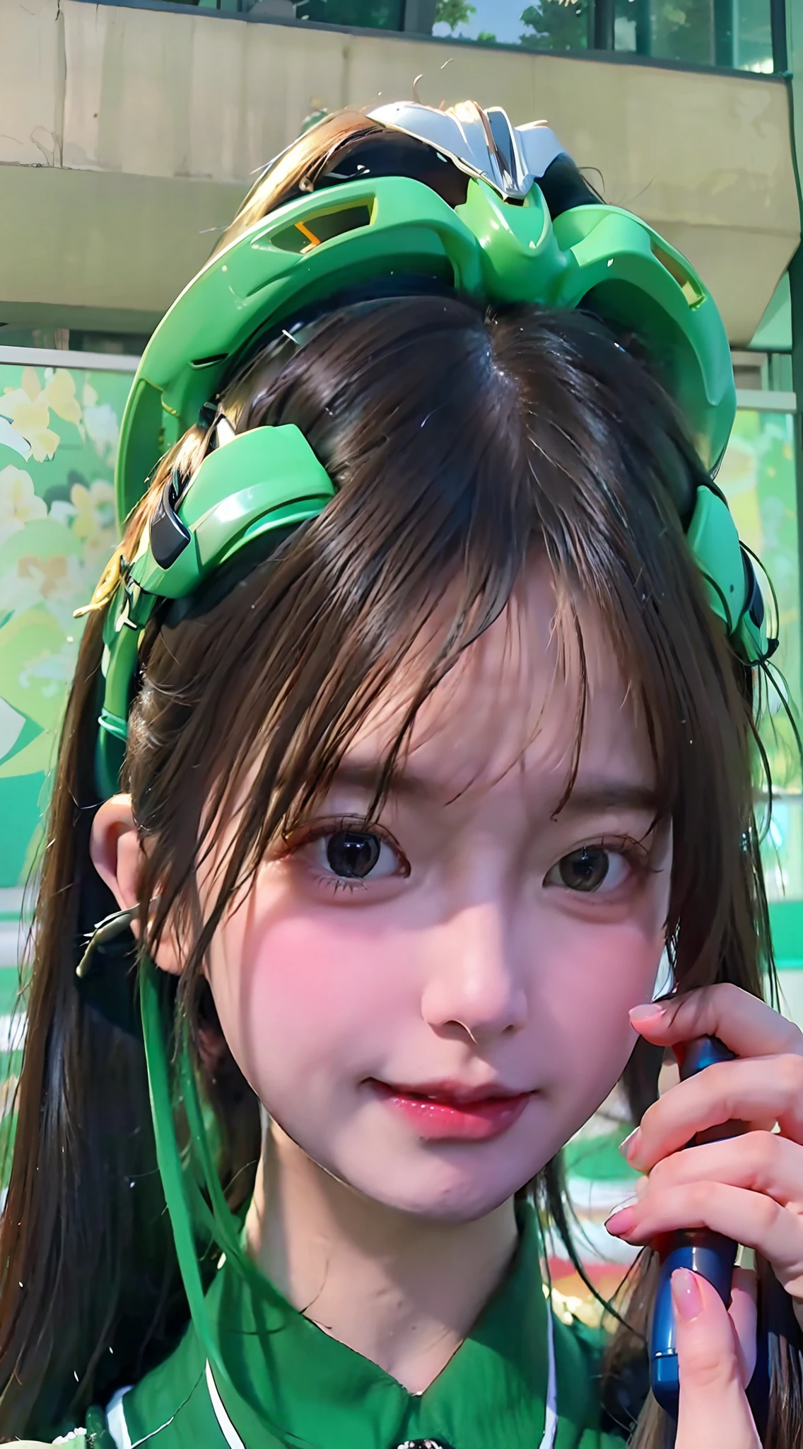 Highest image quality, outstanding details, ultra-high resolution, (realism: 1.4), the best illustration, favor details, highly condensed 1girl, with a delicate and beautiful face, dressed in a black and green mecha, wearing a mecha helmet, holding a directional controller, riding on a motorcycle, the background is a high-tech lighting scene of the future city.