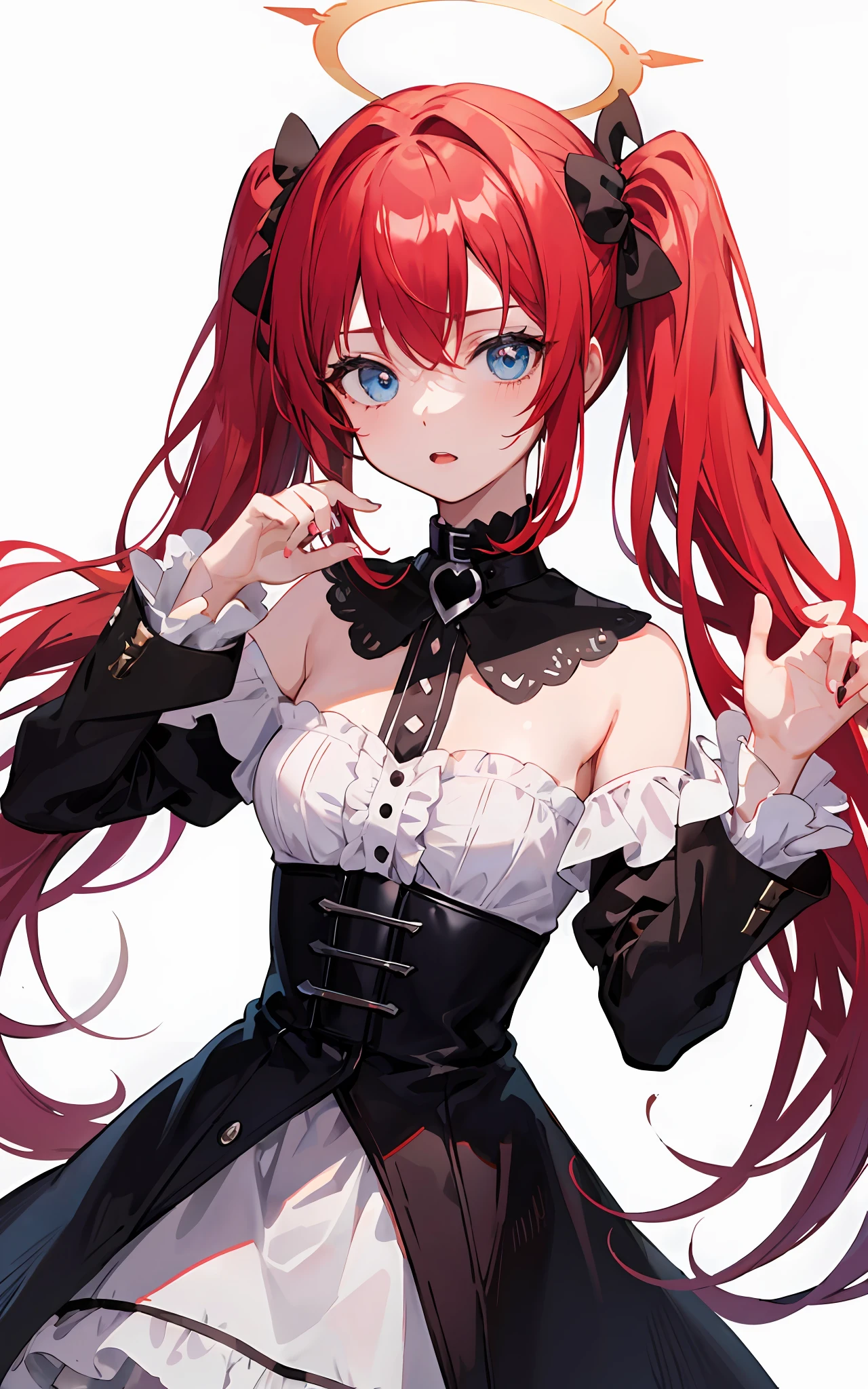 {{best quality}}, {{masterpiece}}, {{ultra-detailed}}, {illustration}, {detailed light}, Red hair, Blue eyes, twintails, Goth ta, Darkgoth, Collar,Crown tiara,pride,solo,lolig hair,Red vine, halo