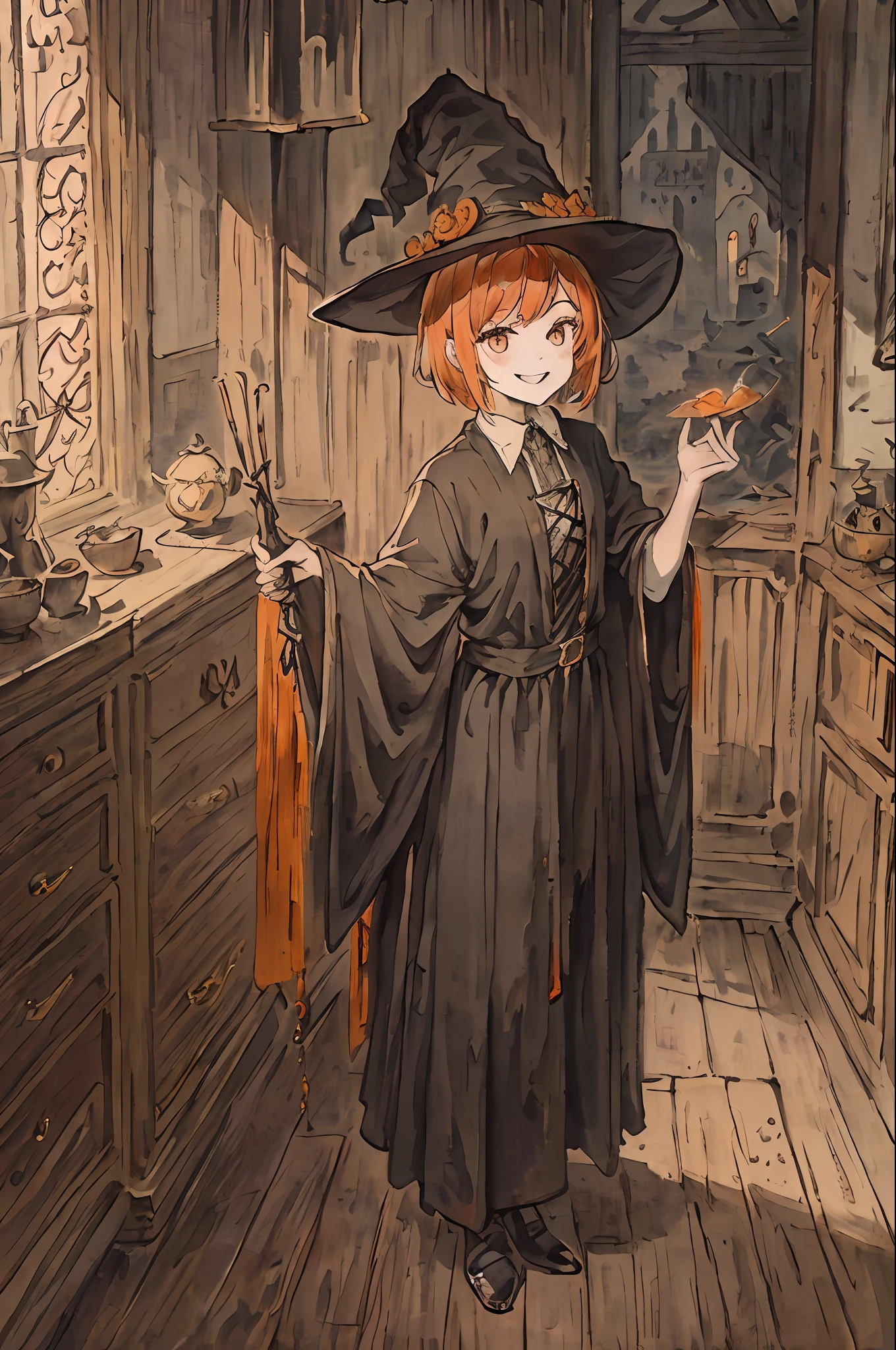 ((masterpiece))、((top-quality))、((Official art))、8K、very detailed illustration、One girl、orange color hair、Witch Hat、Shorthair、A detailed eye、(Interior of the old castle 1.2)、The dim、(Gothic Wizard Outfit 1.2)、((The Witch's Daughter))、((A smile))、(Spiteful look 1.5)、Pose like the perfect model