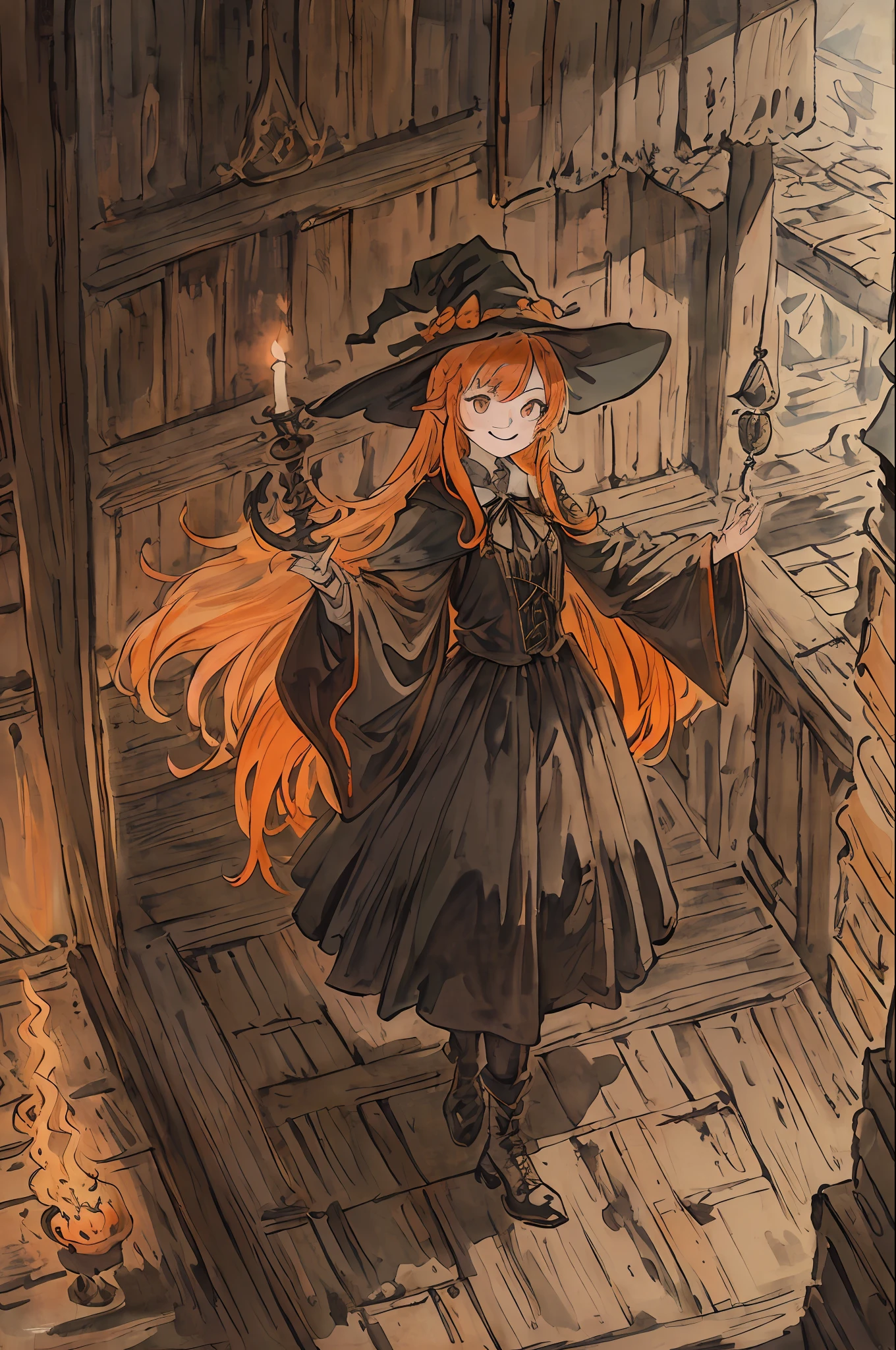 ((masterpiece))、((top-quality))、((Official art))、8K、very detailed illustration、One girl、orange color hair、Witch Hat、Shorthair、A detailed eye、(Interior of the old castle 1.2)、The dim、(Gothic Wizard Outfit 1.2)、((The Witch's Daughter))、((A smile))、(Spiteful look 1.5)、Pose like the perfect model