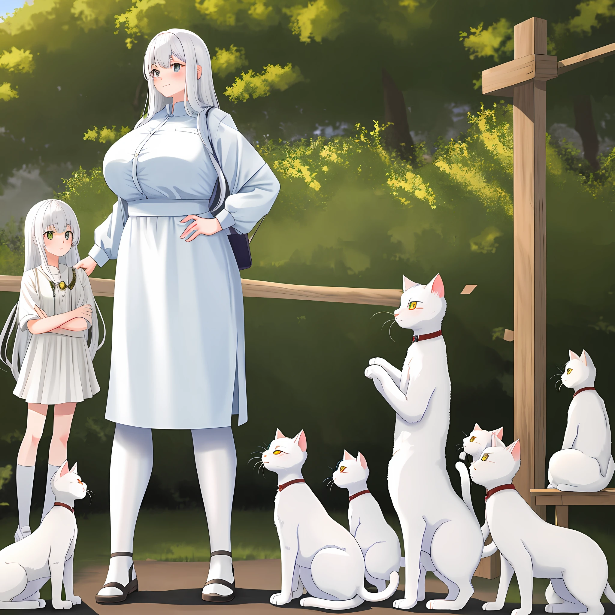 Behind a white-haired loli stood a huge and mighty white cat