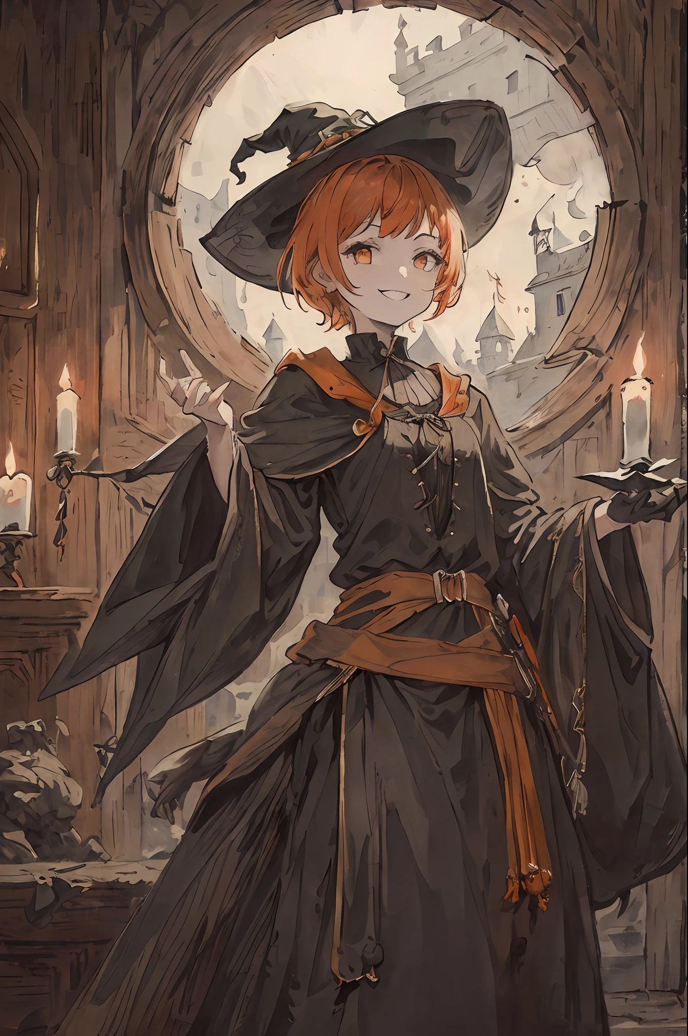 ((masterpiece))、((top-quality))、((Official art))、8K、very detailed illustration、One girl、orange color hair、Witch Hat、Shorthair、A detailed eye、(Interior of the old castle 1.2)、The dim、(Gothic Wizard Outfit 1.2)、((The Witch's Daughter))、((A smile))、(Spiteful look 1.5)、Pose like the perfect model
