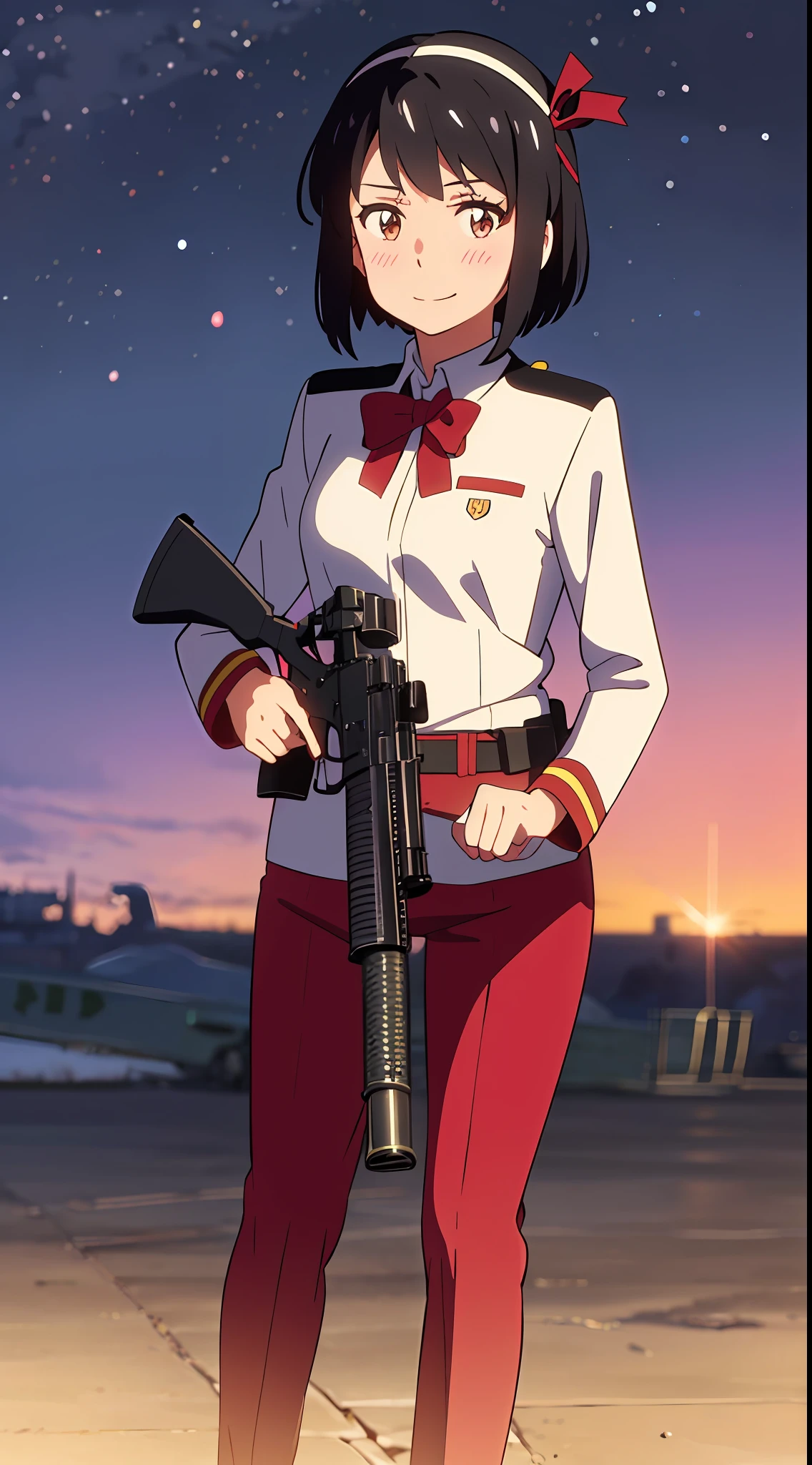 shinkai makoto, kimi no na wa., 1girl, bangs, black hair, night sky, blush, brown eyes, red headband, aiming at viewer, red ribbon, red bow, military gear, military uniform, short hair, smile, solo, holding gun, assault rifle, assault rifle, trigger_discipline, low-ready, full body