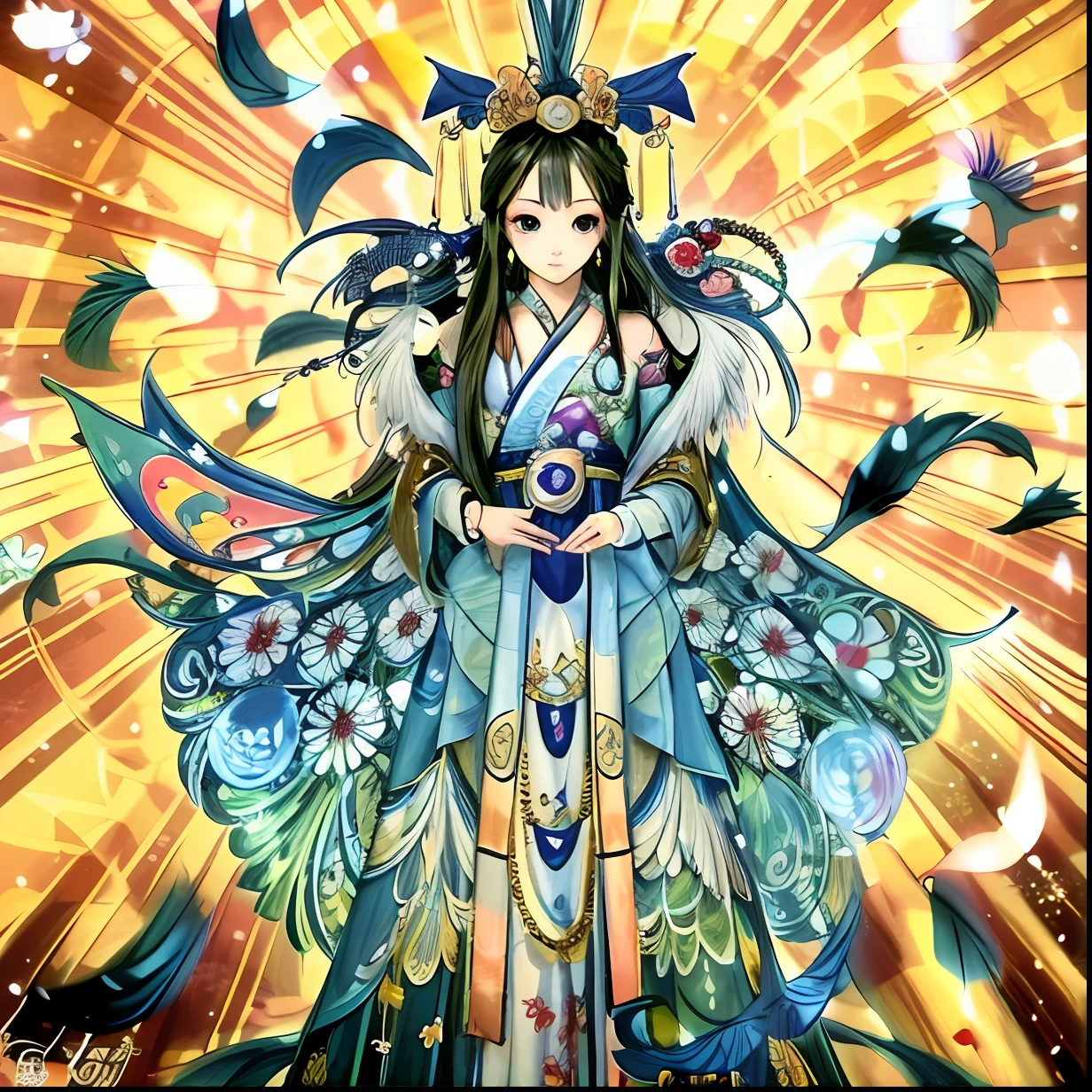 Anime girl in blue dress with peacocks and feathers, uma bela imperatriz fantasia, ((uma bela imperatriz fantasia)), clothes themed on a peacock mage, deusa anime, Rainha do Mar Mu Yanling, Xianxia de corpo inteiro, Senhora Palutena, Deusa japonesa, beautiful young wind spirit, yun ling, Deusa chinesa antiga, Heise Jinyao