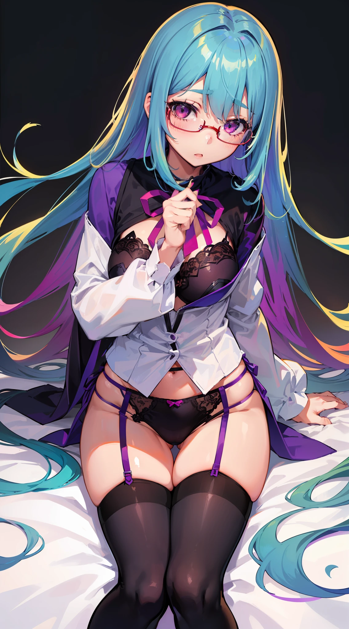 (teens girl,人物,校服,Gradient Long Hair+lightblue hair+Purple hair ends+Red Half-rimmed Glasses+Purple eye:1.2,Erotic lingerie,White over-the-knee stockings, Expressions are confident and static)