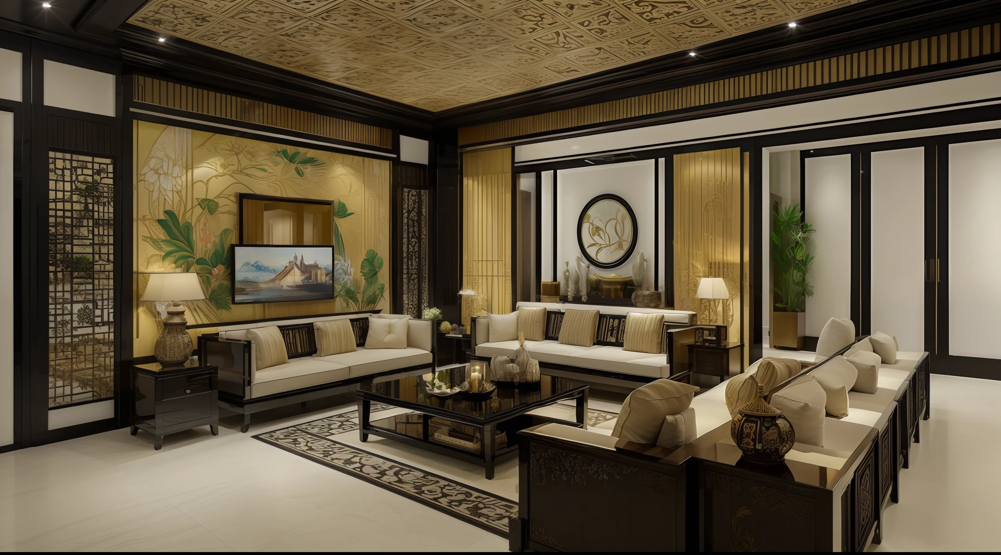 ((Best quality, 8k, Masterpiece :1.3)) (living room indochina BLACK Wood design: 1.3)  glossy black wooden furniture  , sofa , plaster ceiling , glossy mable floor , ink art , wall panel, (full detail with indochina 's motif:1.2)