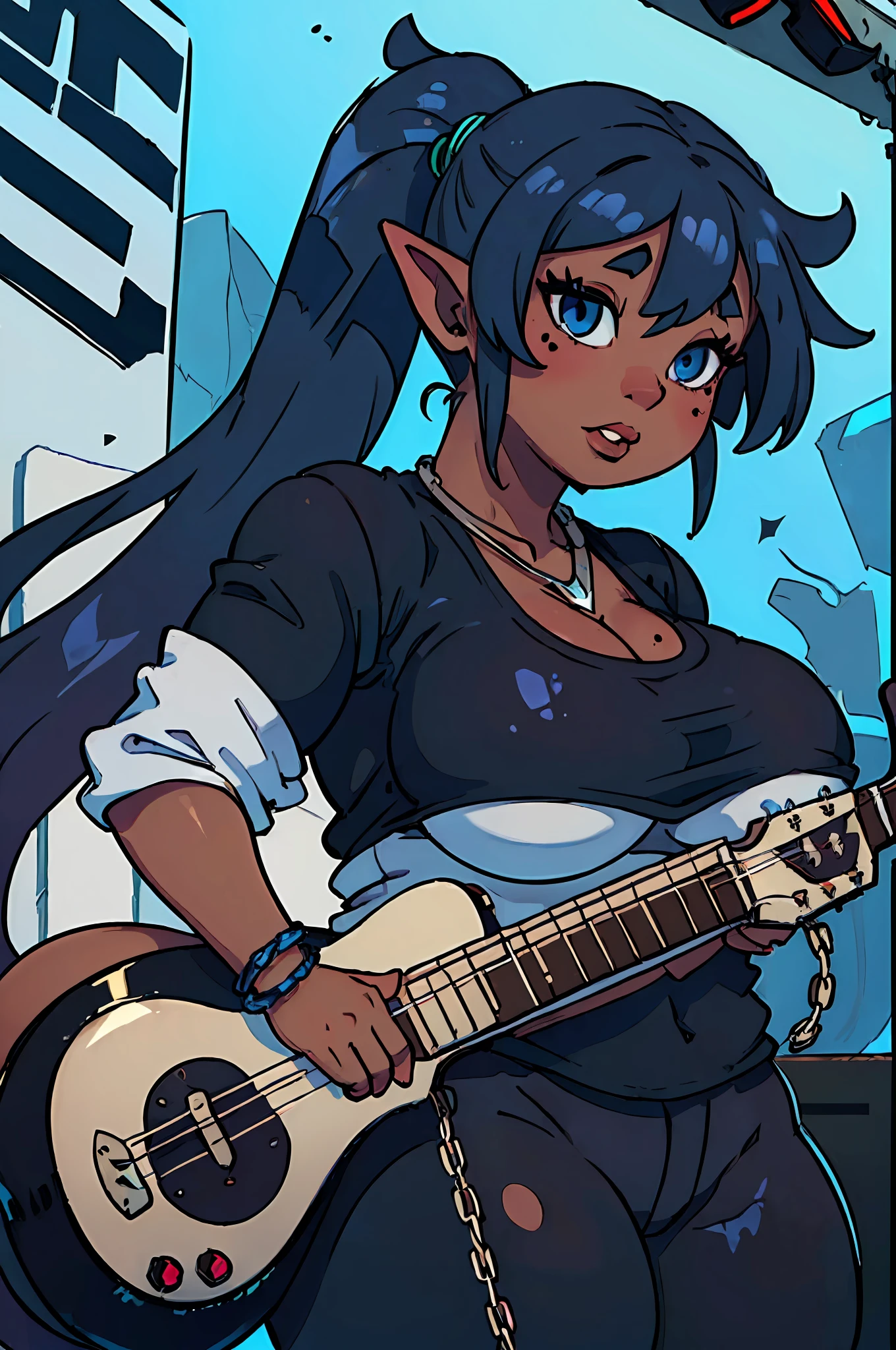(dark skinned:1.8), goblin, goblin girl, blue hair, very long hair, dark_ skin, very_dark_skin, dark skin goblin, dark-skinned girl, wide body, very dark skin girl, small stature, very chubby, cute goblin, (huge breast:1.6), very large breast, hair between eyes, twintails, chubby, chubby girl goblin, wide hips, blue eyes, mole, mole on chest, age up, lips, big lips, thick eyebrows, body with fur, short girl, twintails, (thick:2.2), rock star, guitar, musician, concert, black clothes, necklace, chains