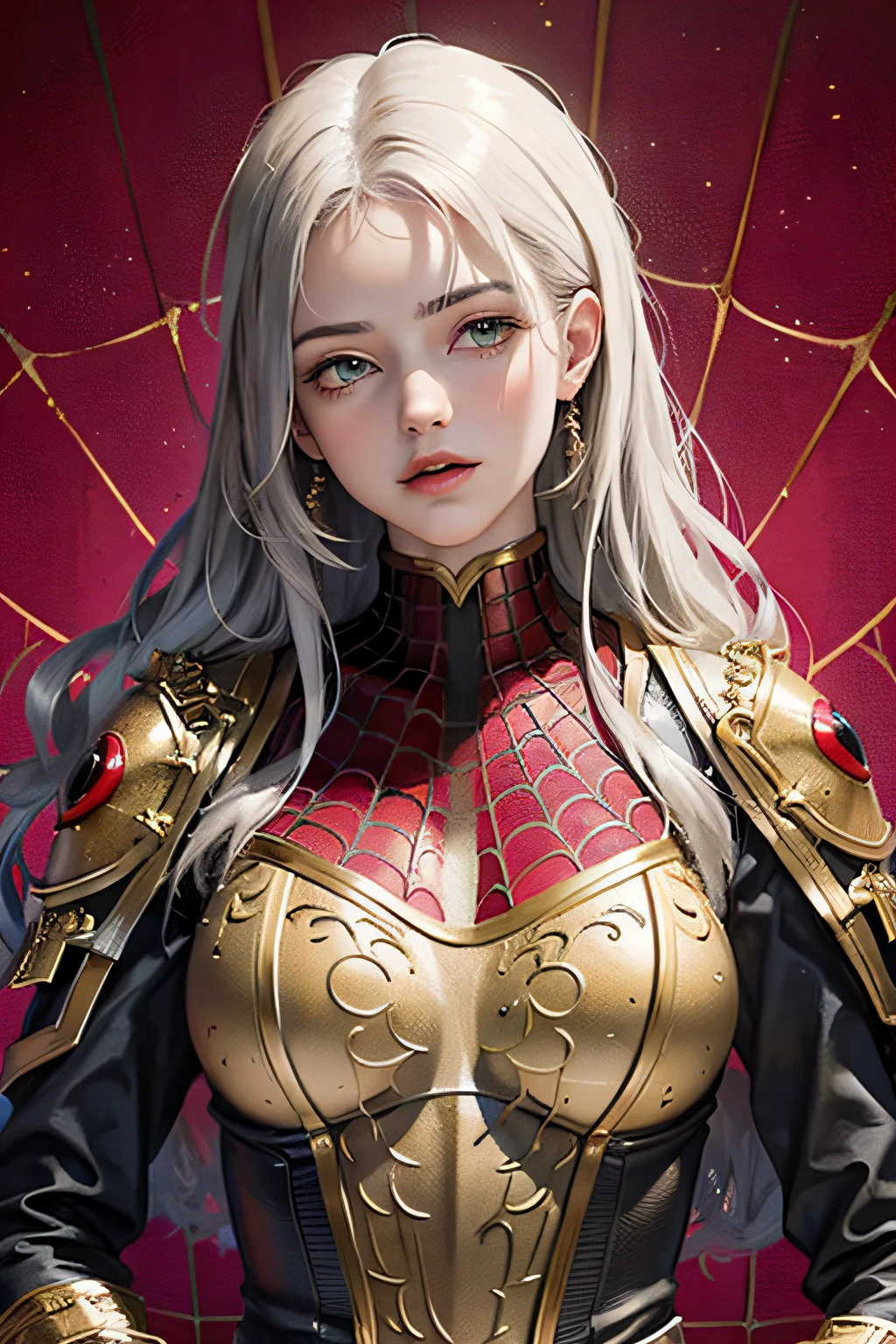 (tmasterpiece,top Quority,best qualtiy,offcial art,Beautiful and aesthetic:1.2),(1girll),Spidey,Female Spider-Man,Red Spider-Man suit,Extremely detailed,Colorful,highestdetailed,offcial art,统一 8k 壁纸,ultra - detailed,Beautiful and aesthetic,big breasts beautiful,tmasterpiece,best qualtiy,(zentangle,datura,Tangles,entangled),holy rays,gold foil,Gold leaf art,glitter drawing,Spidey,PerfectNwsjMajic