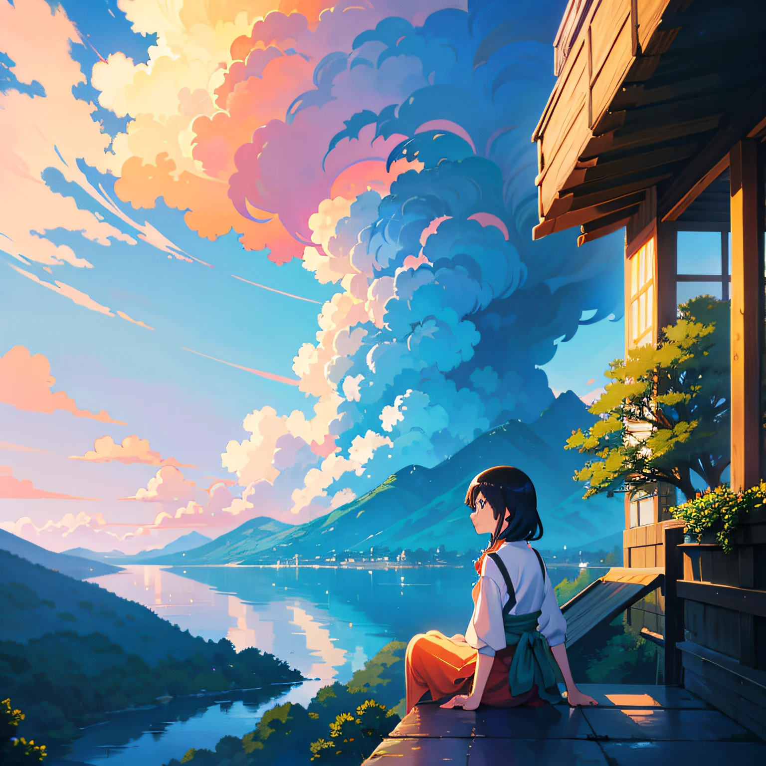 anime scenery of a woman sitting on a balcony overlooking a lake, by Miyazaki, makoto shinkai cyril rolando, incredible miyazaki, miyazaki's animated film, studio ghibli artstyle, beautiful anime scene, miyazaki film, style of hayao miyazaki, inspired by Miyazaki, miyazaki movie, ghibli artstyle --auto